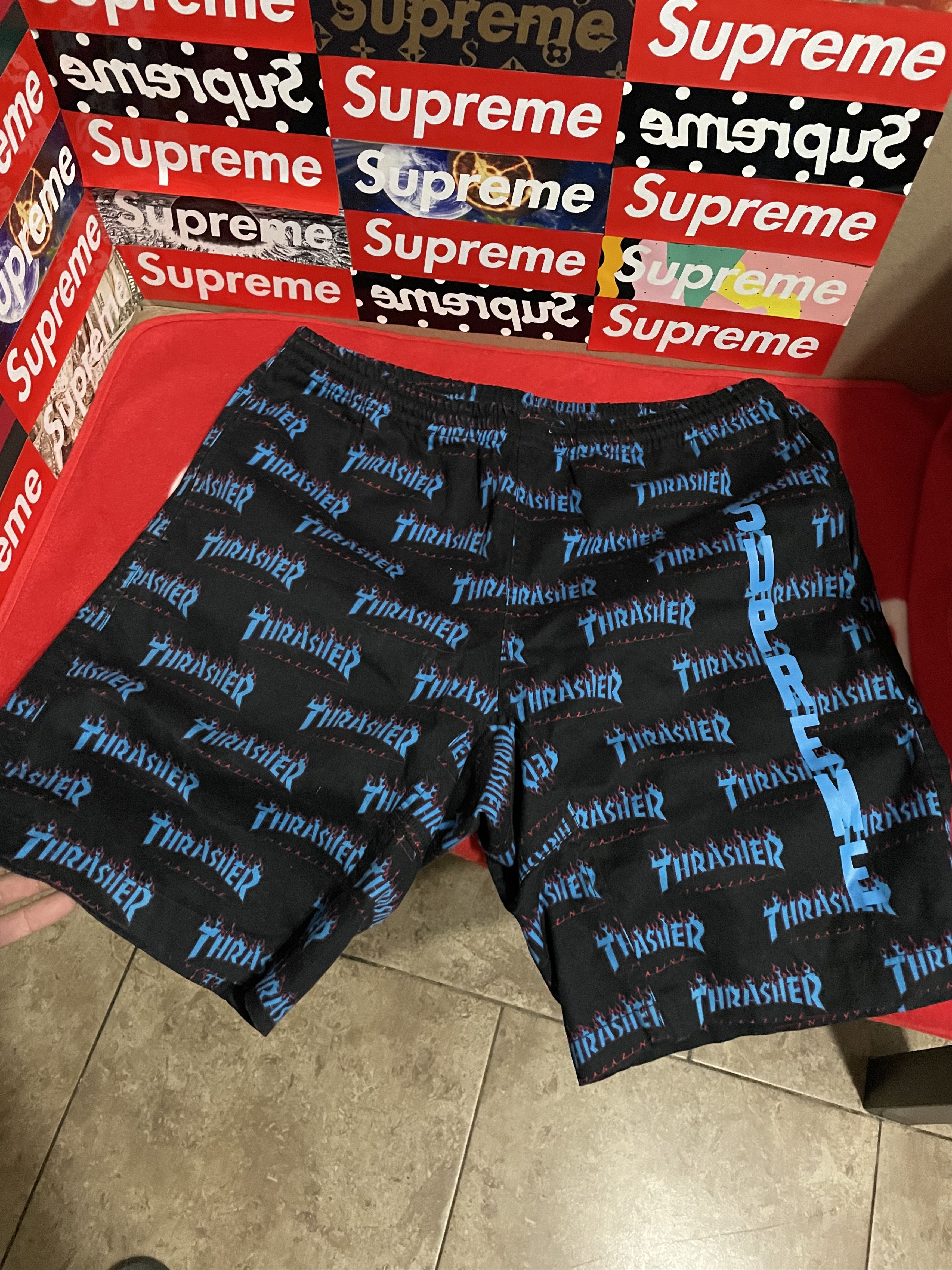 image of Supreme x Thrasher Shorts Ss15 Black Blue Flames, Men's (Size 32)