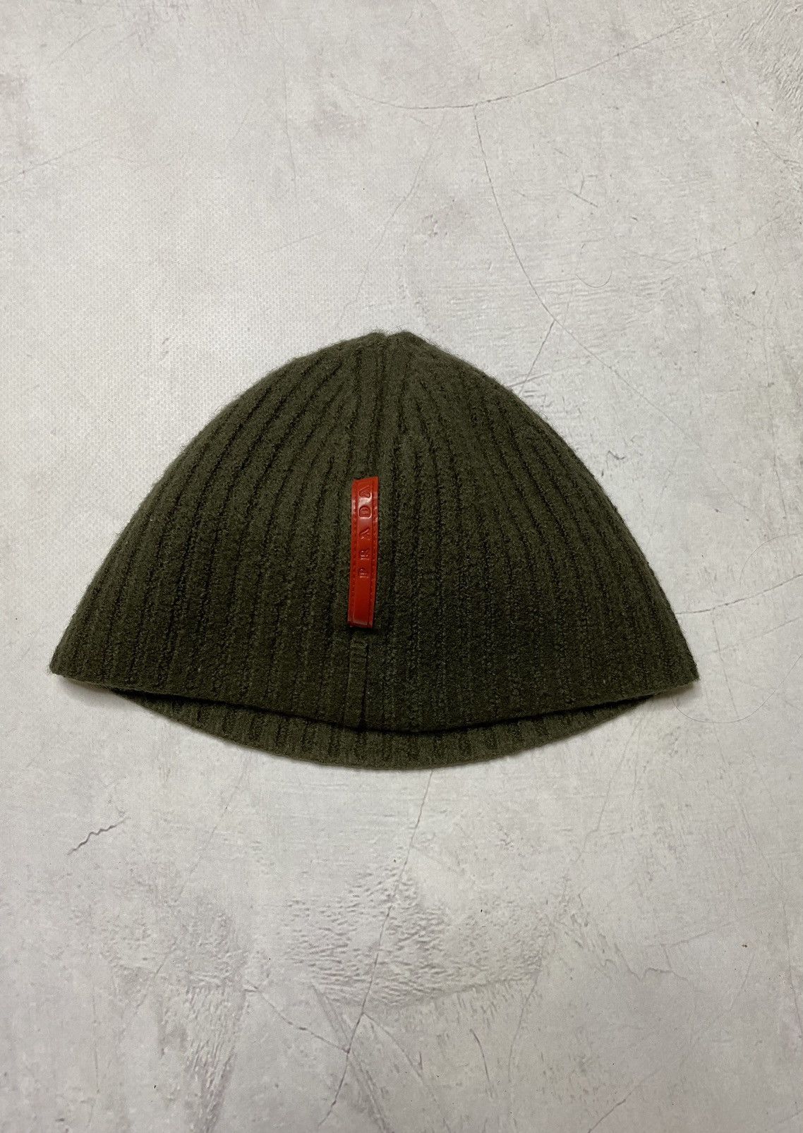 image of Prada Red Tab Beanie Hat in Dark Green, Men's