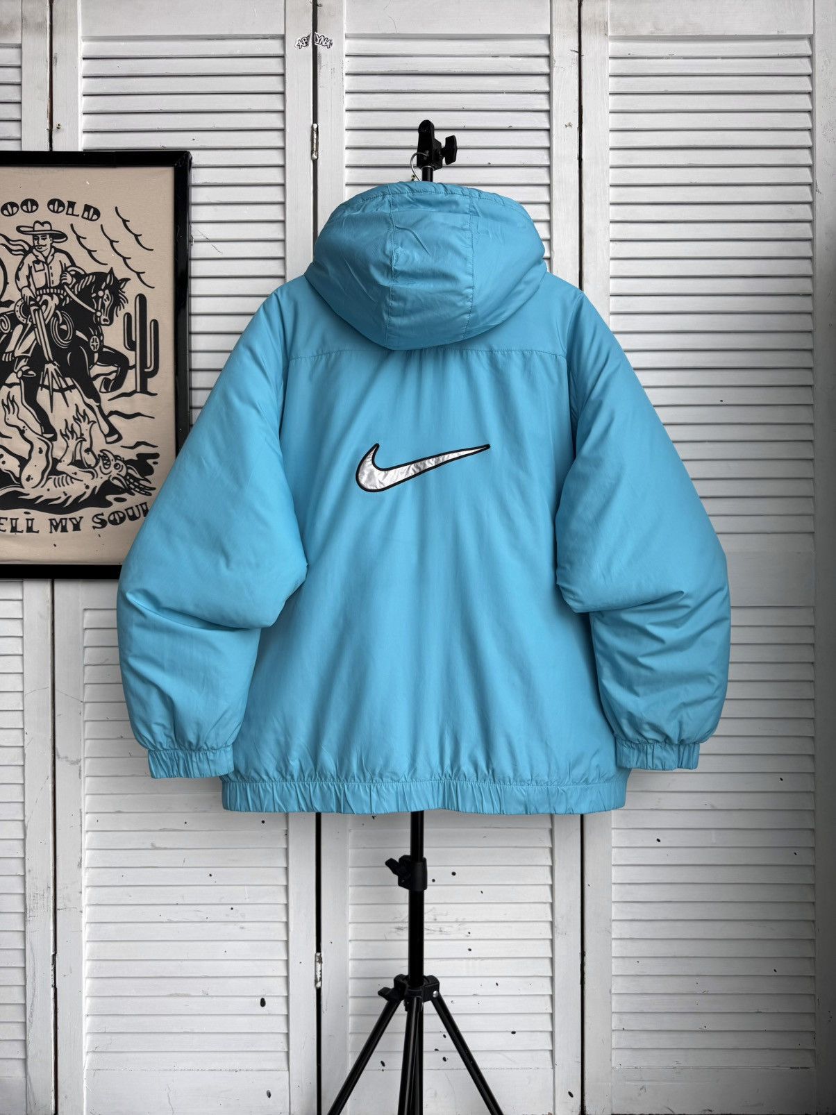 Nike Vintage Nike Puffer Jacket Metallic Big Swoosh Blue Silver Size US M / EU 48-50 / 2 - 1 Thumbnail
