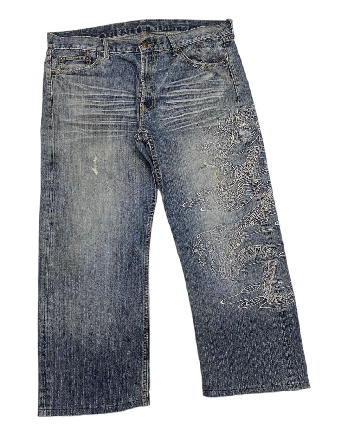 Dragonfly VINTAGE JAPANESE DRAGON EMBROIDERY BAGGY DISTRESSED DENIM Size US 39 - 3 Thumbnail