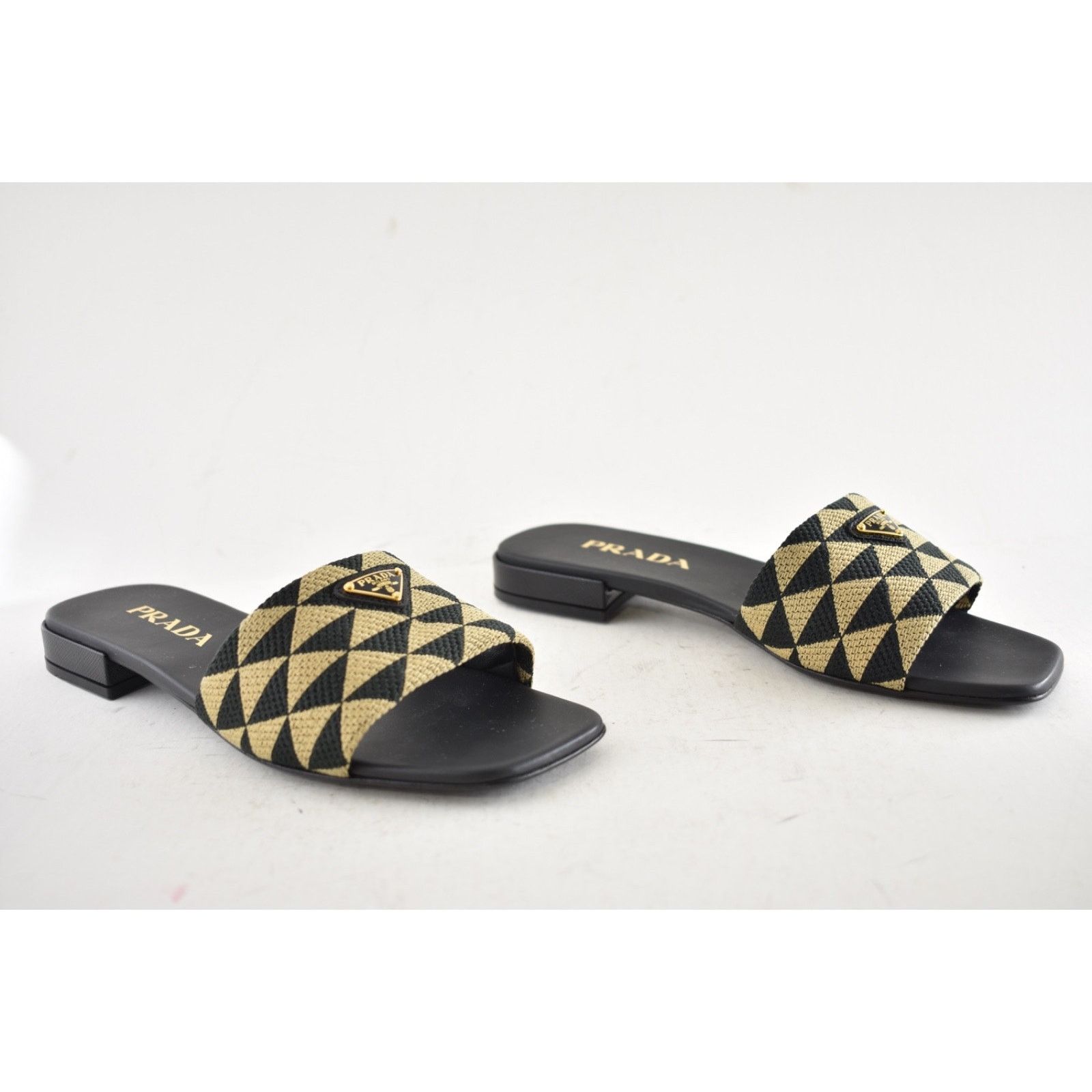Prada Prada Jacquard Triangle Logo Black Beige Tan Leather Slide Size US 7.5 / IT 37.5 - 4 Thumbnail