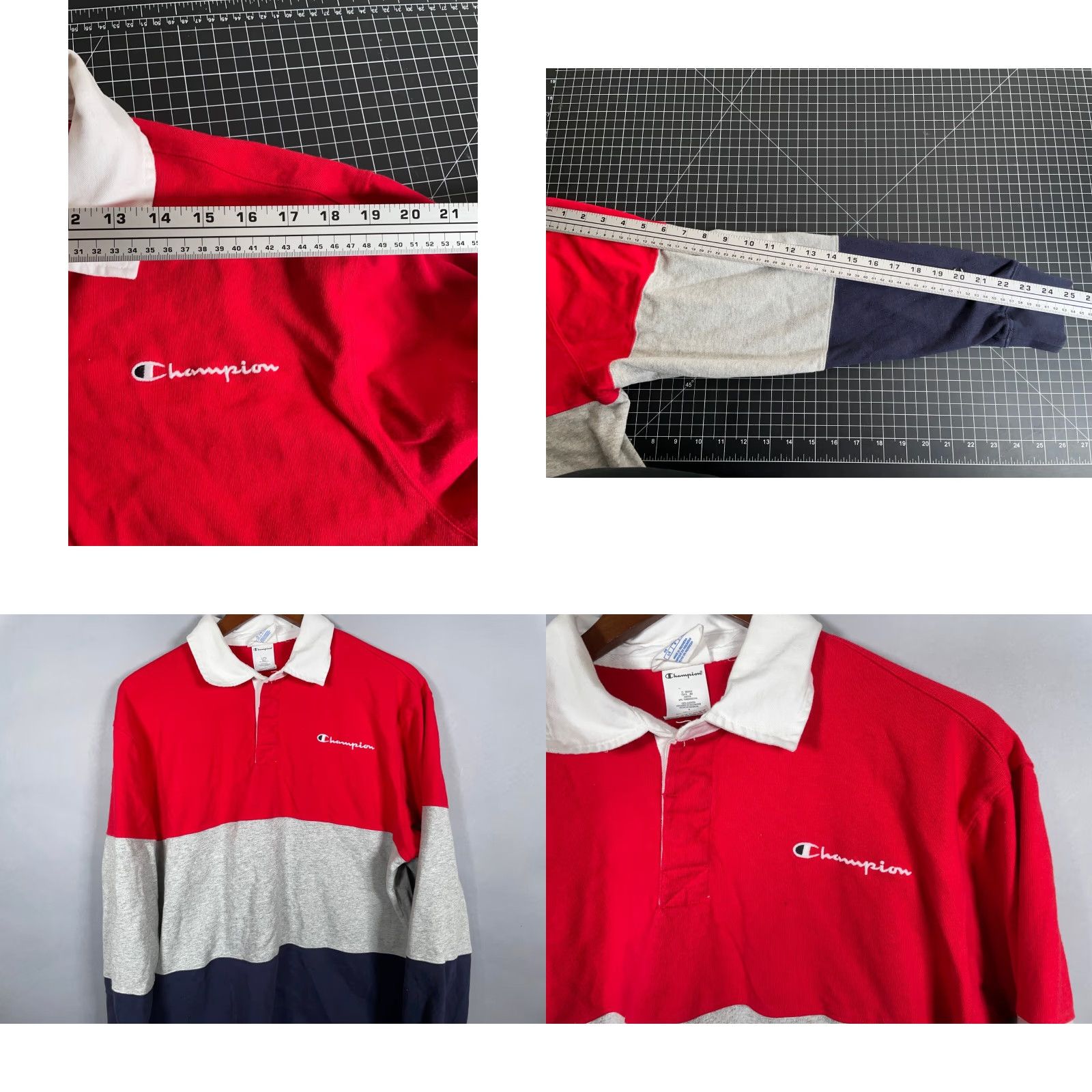 Champion Champion Reverse Weave Rugby Shirt Mens Large Red Blue Gray Stripe Preppy Shirt Polo Size US L / EU 52-54 / 3 - 8 Thumbnail