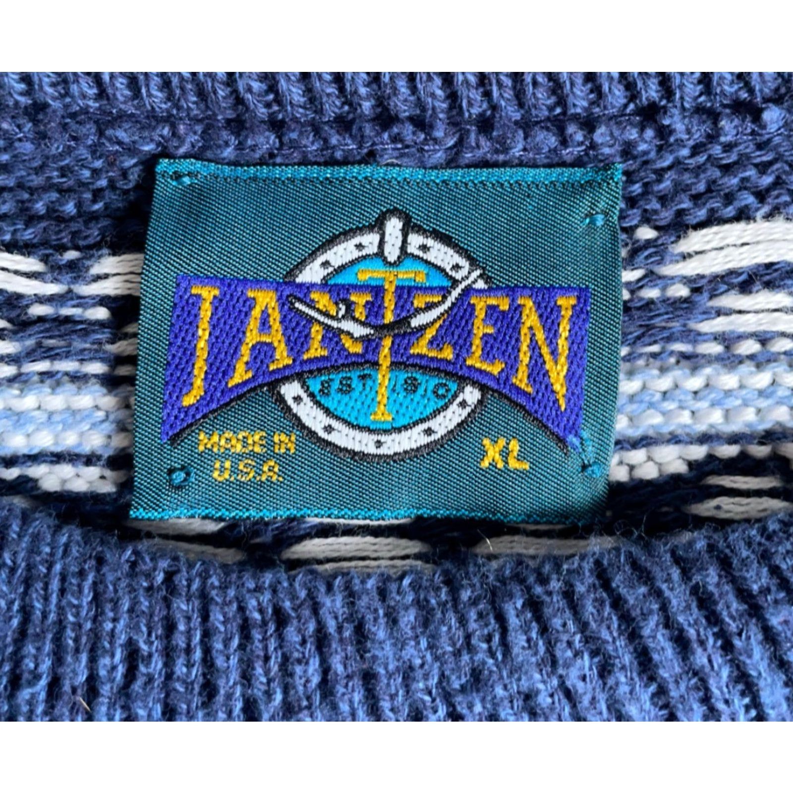 Jantzen VINTAGE Jantzen Sweater Men's XL Dark Blue Aztec Stripe Geometric Knit Crew Neck Pullover Heavyweight Cotton 90s Tribal Retro Casual Size US XL / EU 56 / 4 - 3 Thumbnail
