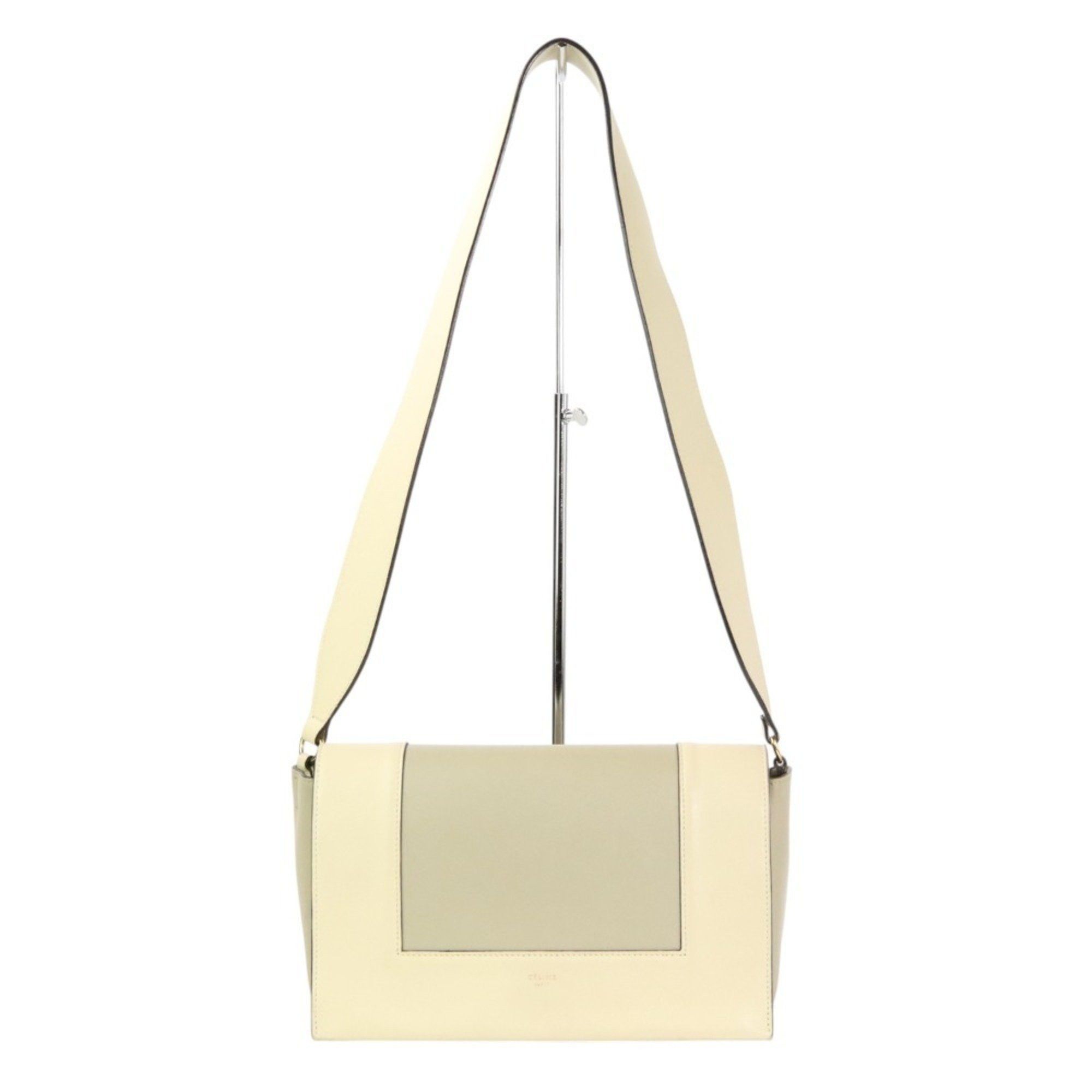 Celine Frame Medium Calf Leather Shoulder Bag 180263 Ivory Grey Women's