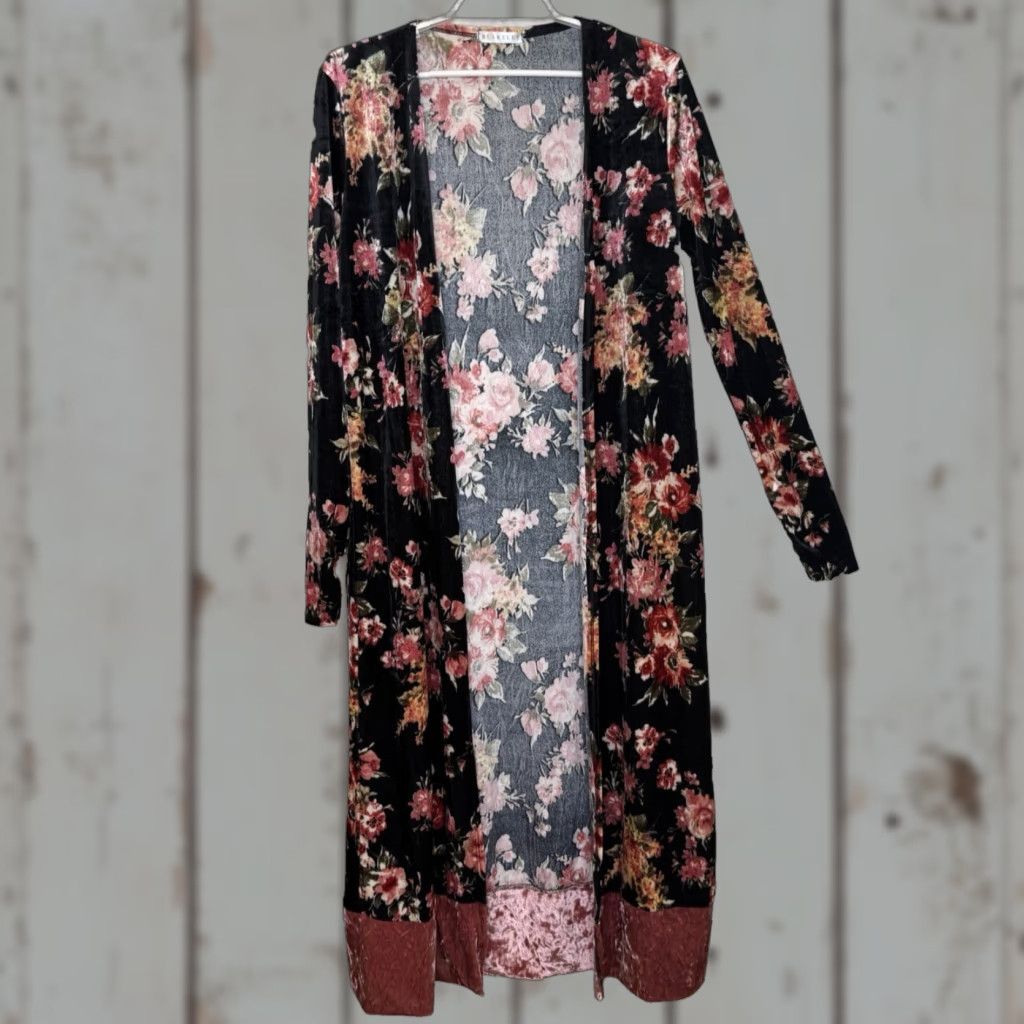 Velour Blakeley Long Duster Cardigan L/XL Black Velour Floral Print Long Sleeve Size L / US 10 / IT 46 - 1 Thumbnail