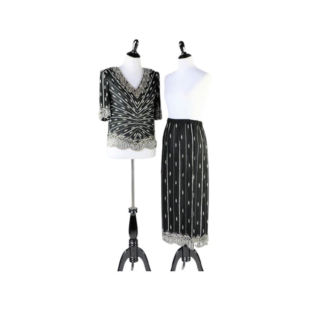 Vintage Vintage 1980s Black Silver Sequin Beaded Top Skirt Medium Size M / US 6-8 / IT 42-44 - 3 Thumbnail