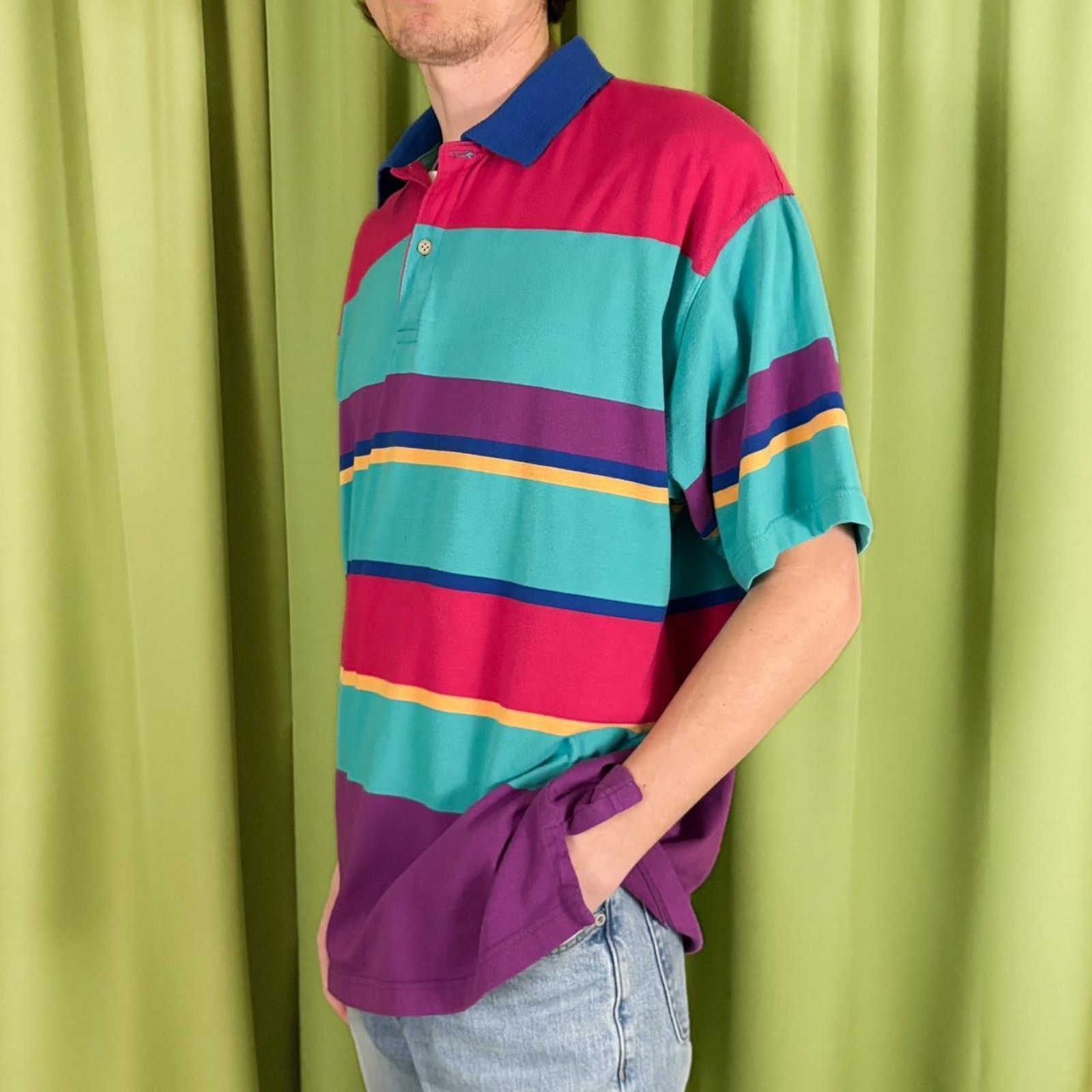 Steeplechase 80s Vintage Multi-Coloured Striped Polo Shirt Size US XL / EU 56 / 4 - 3 Thumbnail