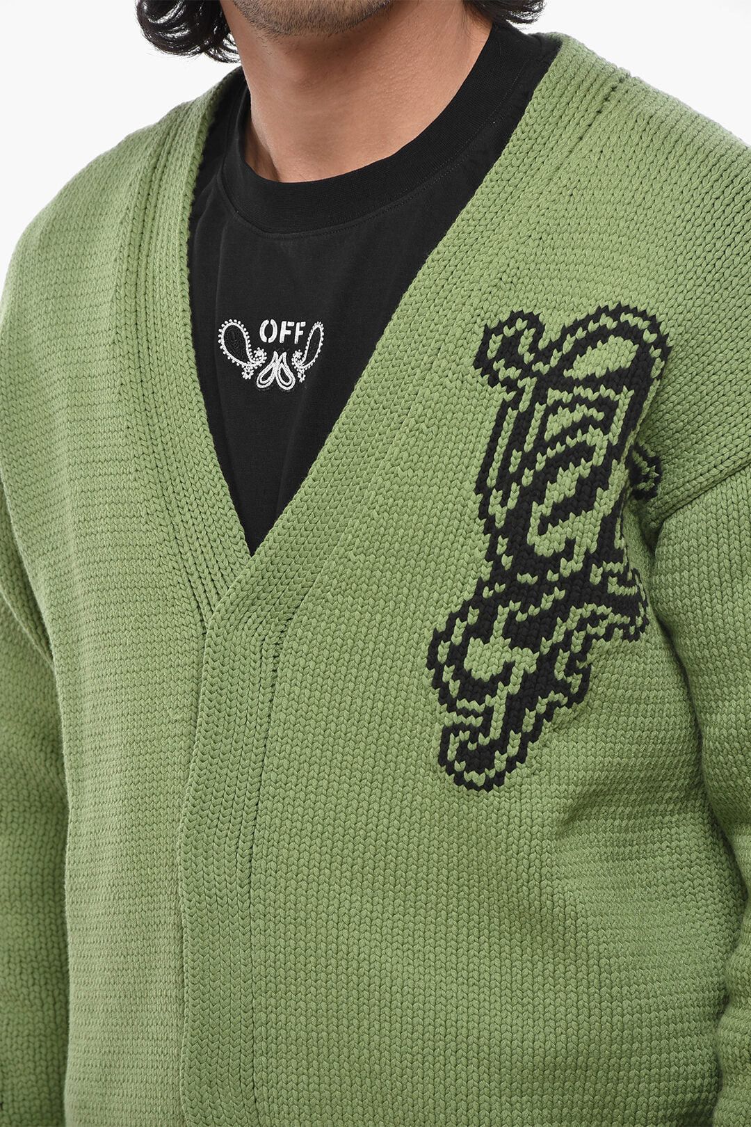 Off-White og1mm0526 Cotton-Blend Jacquard Logo Cardigan in Green/Black Size US S / EU 44-46 / 1 - 3 Thumbnail