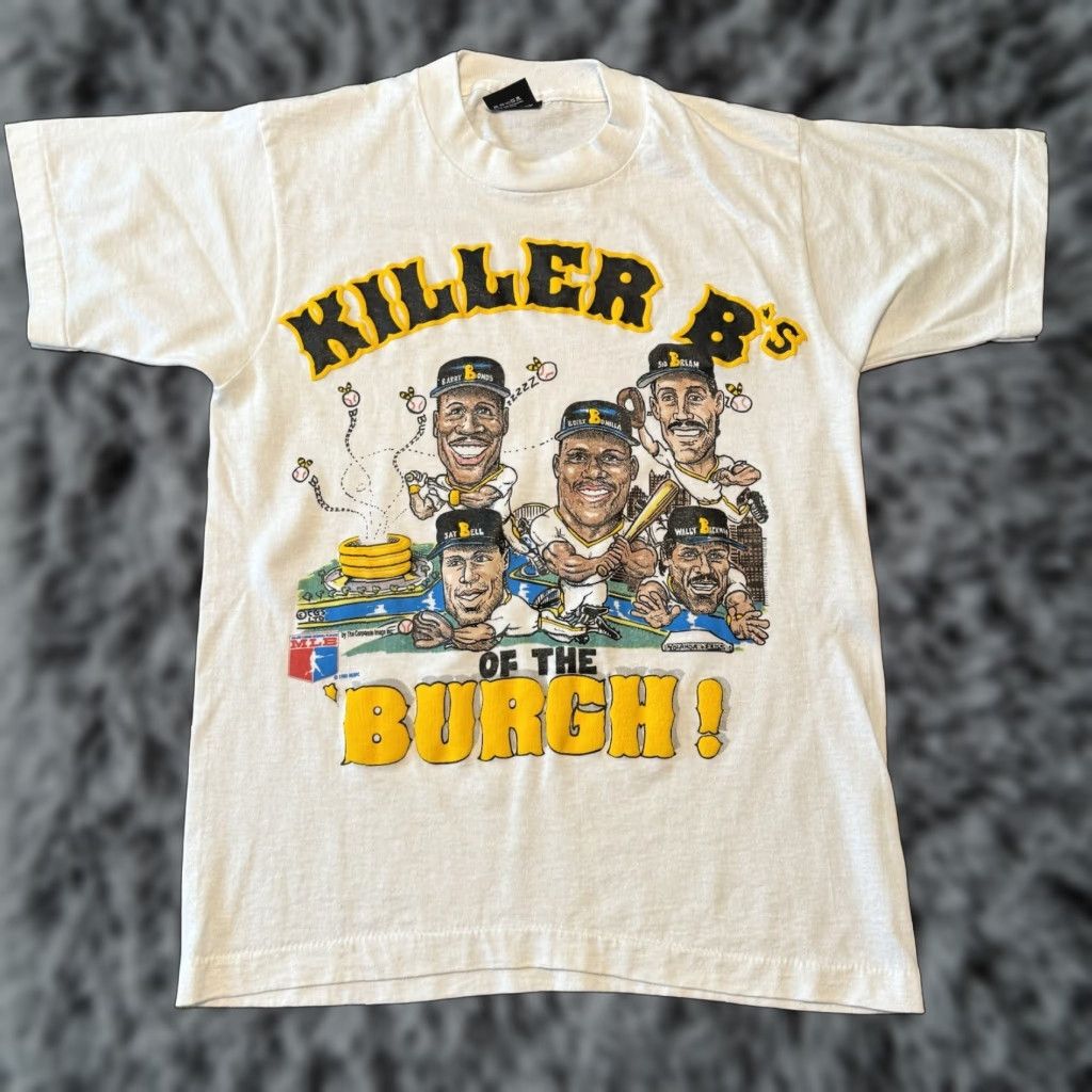 Vintage VINTAGE Pittsburgh Pirates T-Shirt 80s Baseball MLB Killer Bs Caricature Barry Bonds Bonilla Screen Stars Best White Medium L Unisex Adults Shirt Size US L / EU 52-54 / 3 - 1 Thumbnail