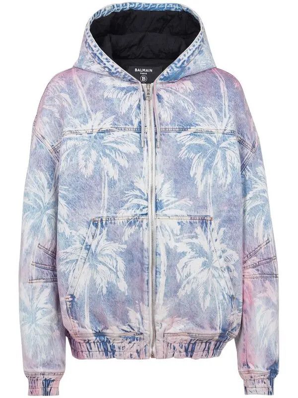 Balmain o1s1wg111025 Printed Denim Bomber Jacket in Blue Size US L / EU 52-54 / 3 - 1 Thumbnail