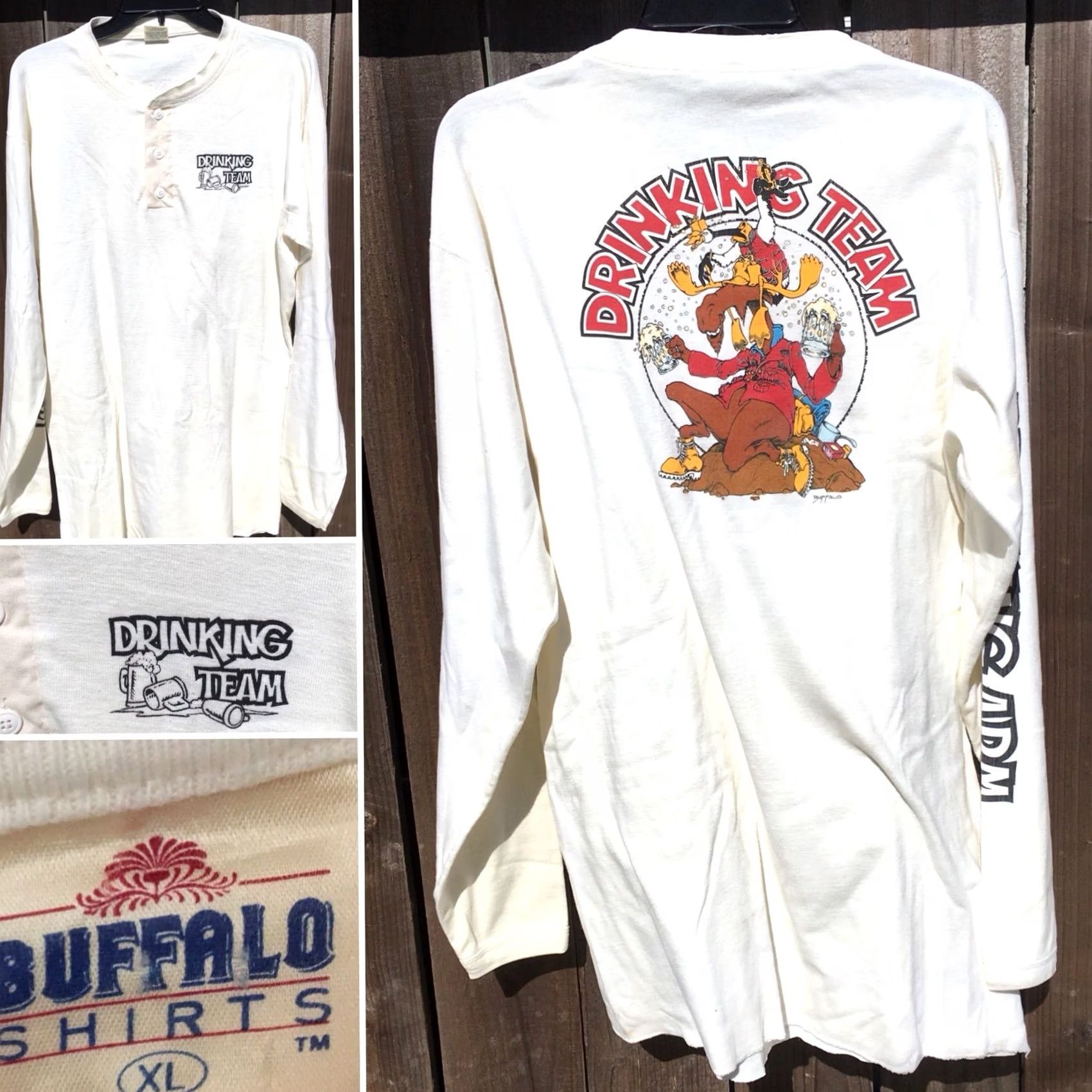 Vintage VINTAGE Buffalo Shirts T-Shirt DrinkING Team Drinking Arm Graphics Henley XL Ivory Men 80s Graphic Tee Size US XL / EU 56 / 4 - 2 Thumbnail