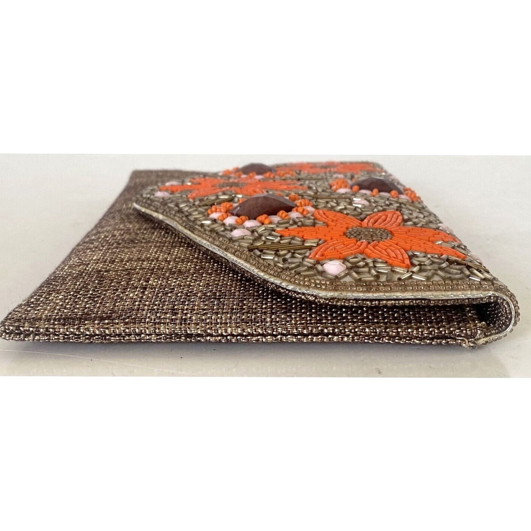 Vintage David Jeffrey Beaded Clutch Purse w/Shoulder Strap Tan Brown Orange Flowers Size ONE SIZE - 7 Thumbnail