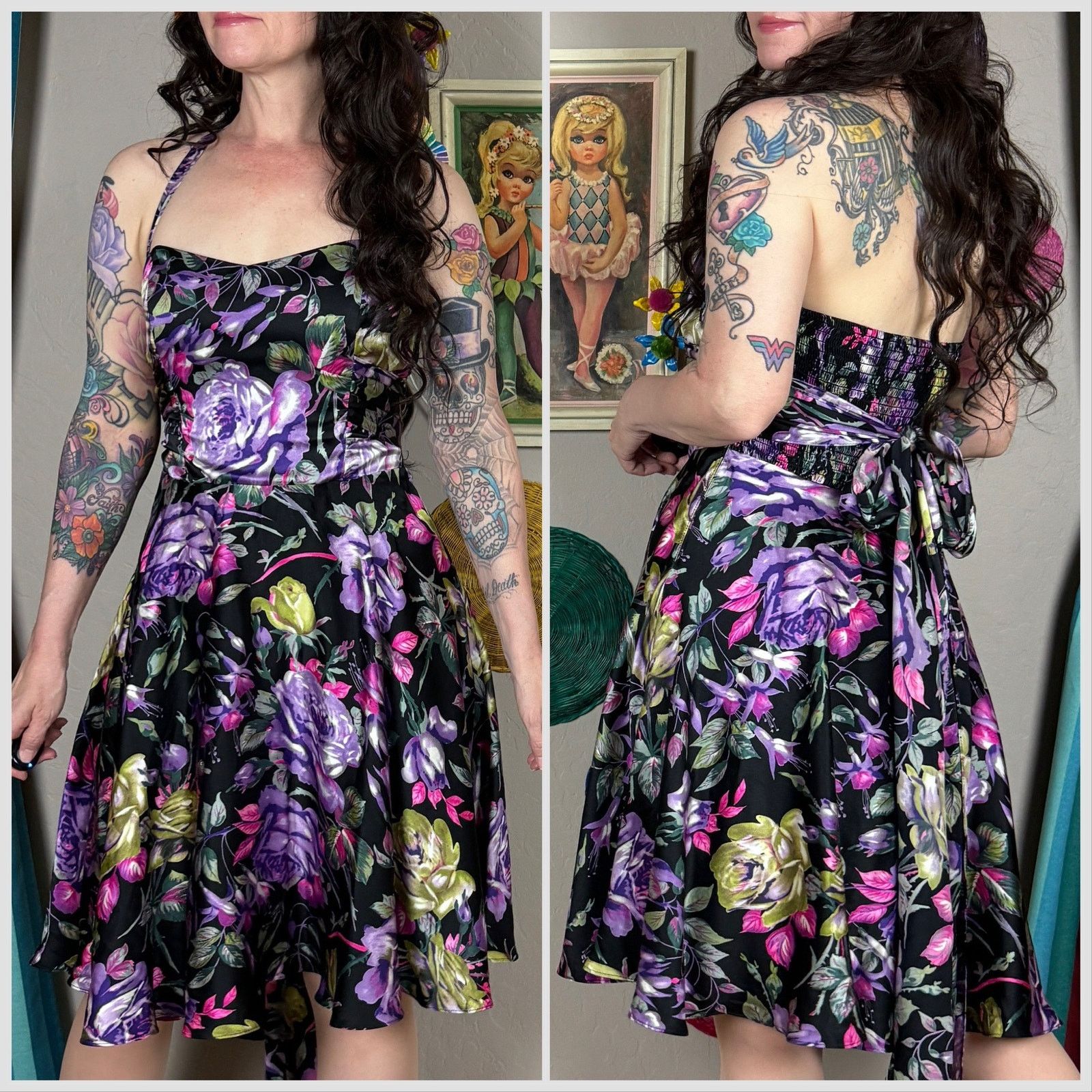 Vintage Vintage Y2K Black Garden Floral Silk Halter Dress Size S / US 4 / IT 40 - 3 Thumbnail
