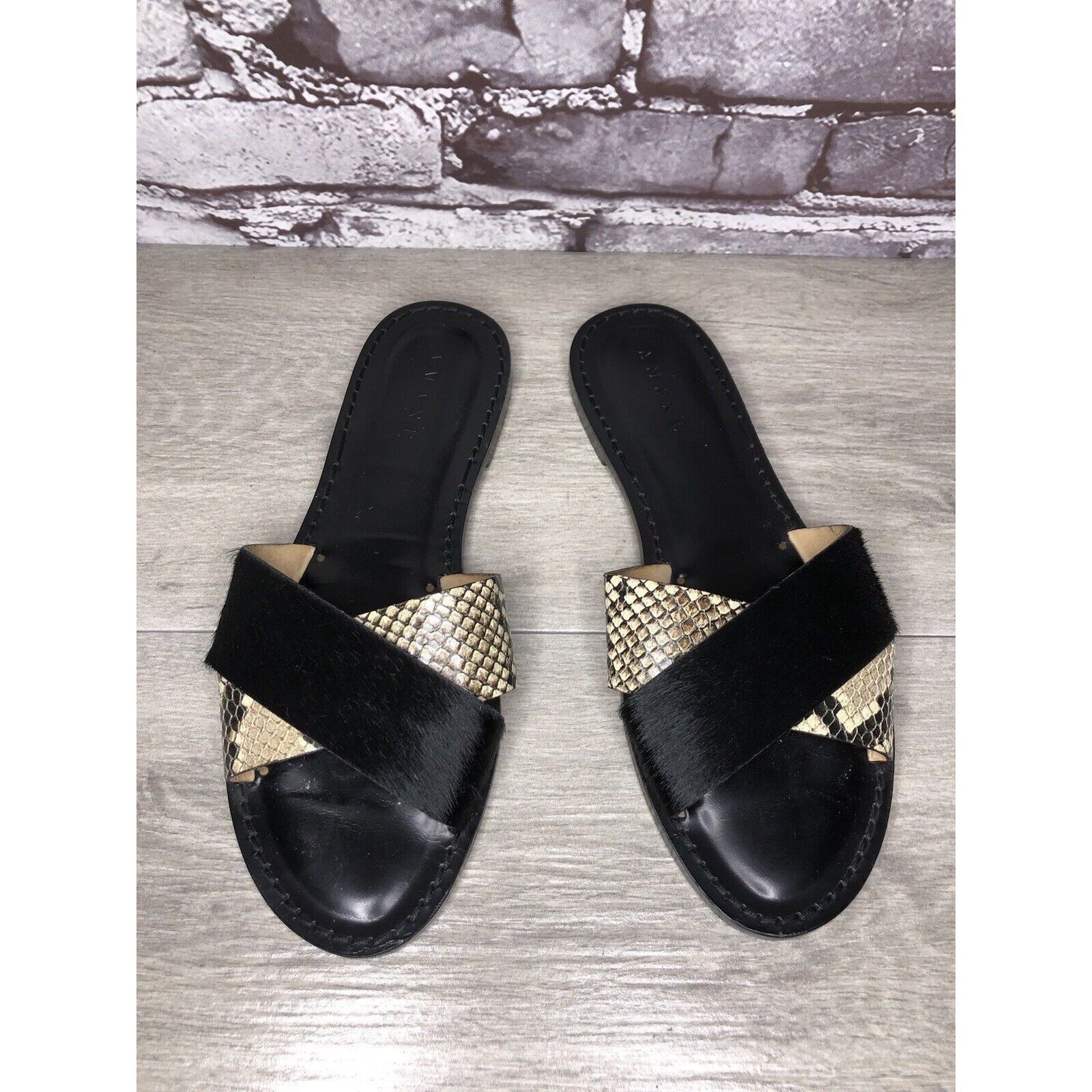 Other Amanu Black Calf Hair Leather Python Cross Strap Slides Sand Size US 9 / IT 39 - 2 Thumbnail