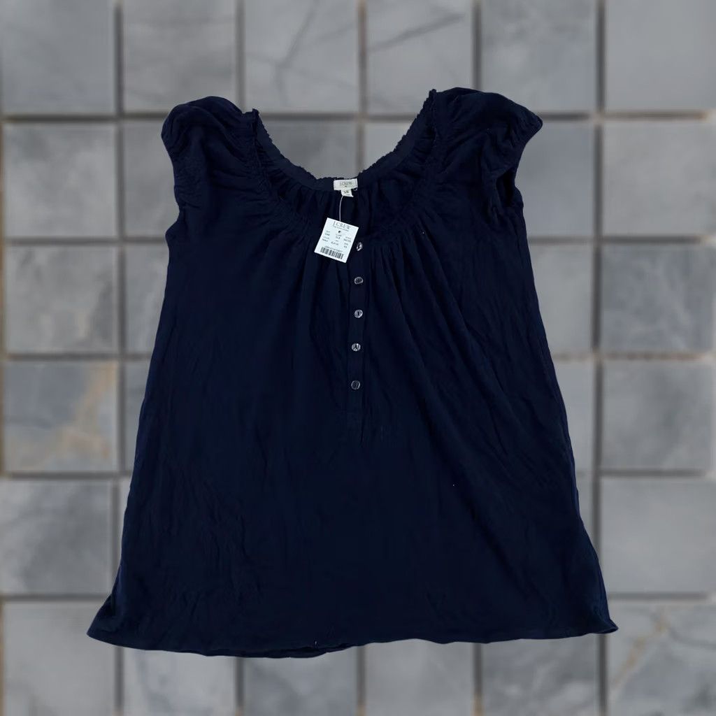 J.Crew J. Crew Shirt Womens XS Navy Blue Button Front Ruffle Short Sleeve 100% Cotton Size XS / US 0-2 / IT 36-38 - 1 Thumbnail