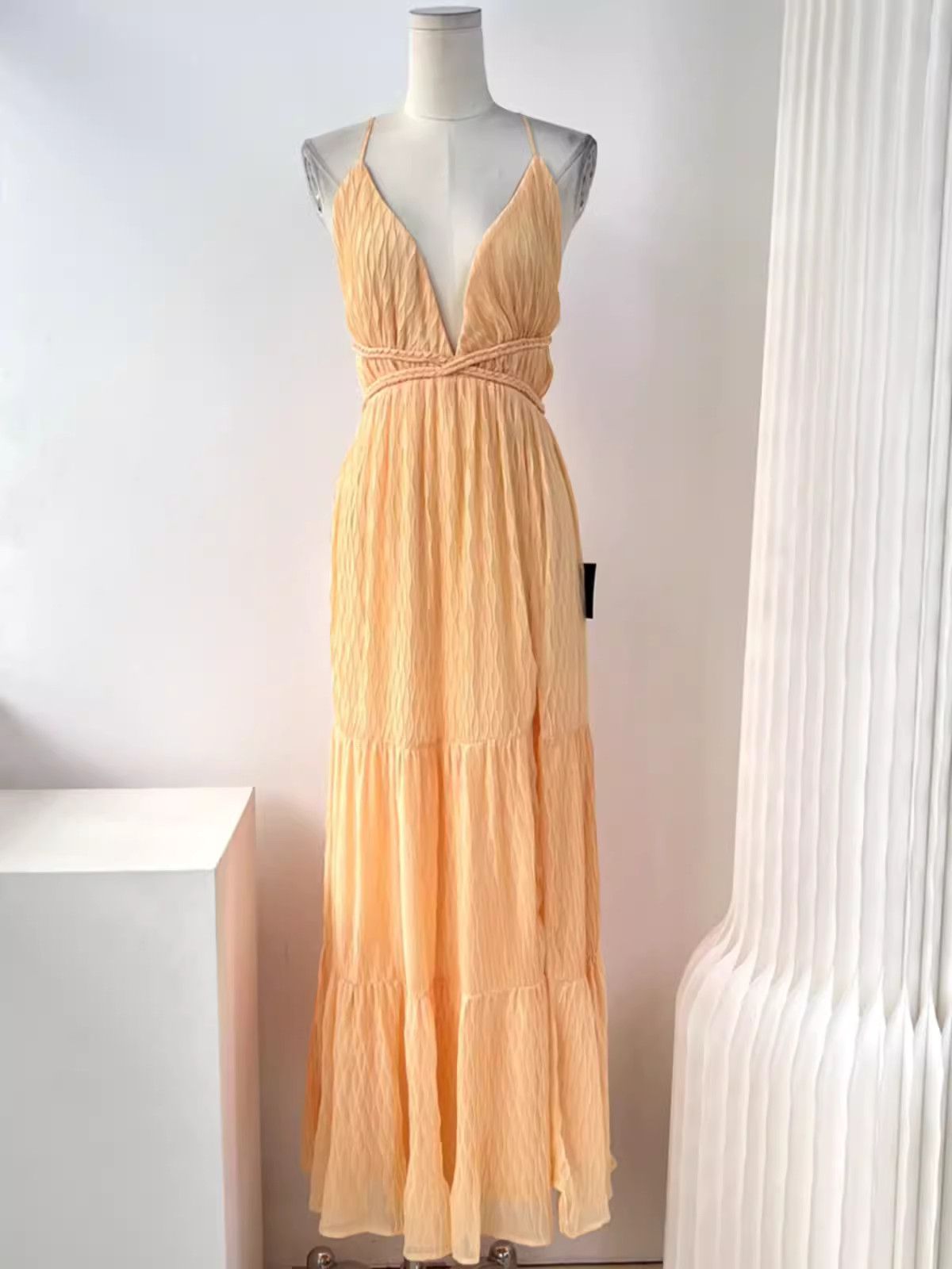 image of Vintage Sexy Pleated Textured Slit Halter Dress in Orange, Women's (Size Medium)