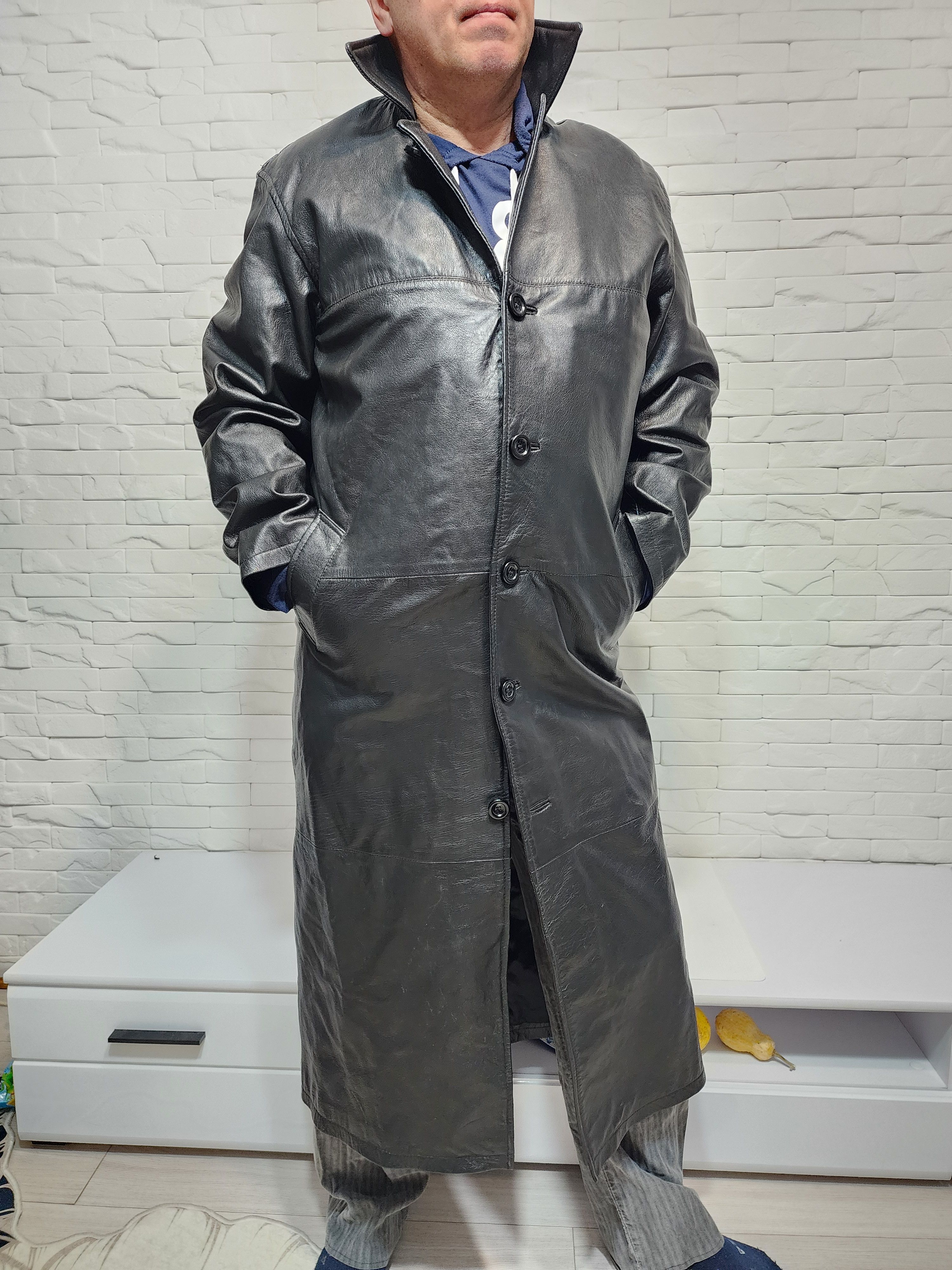 Genuine Leather Black Leather Long Coat: Chic Raincoat Size US L / EU 52-54 / 3 - 2 Thumbnail