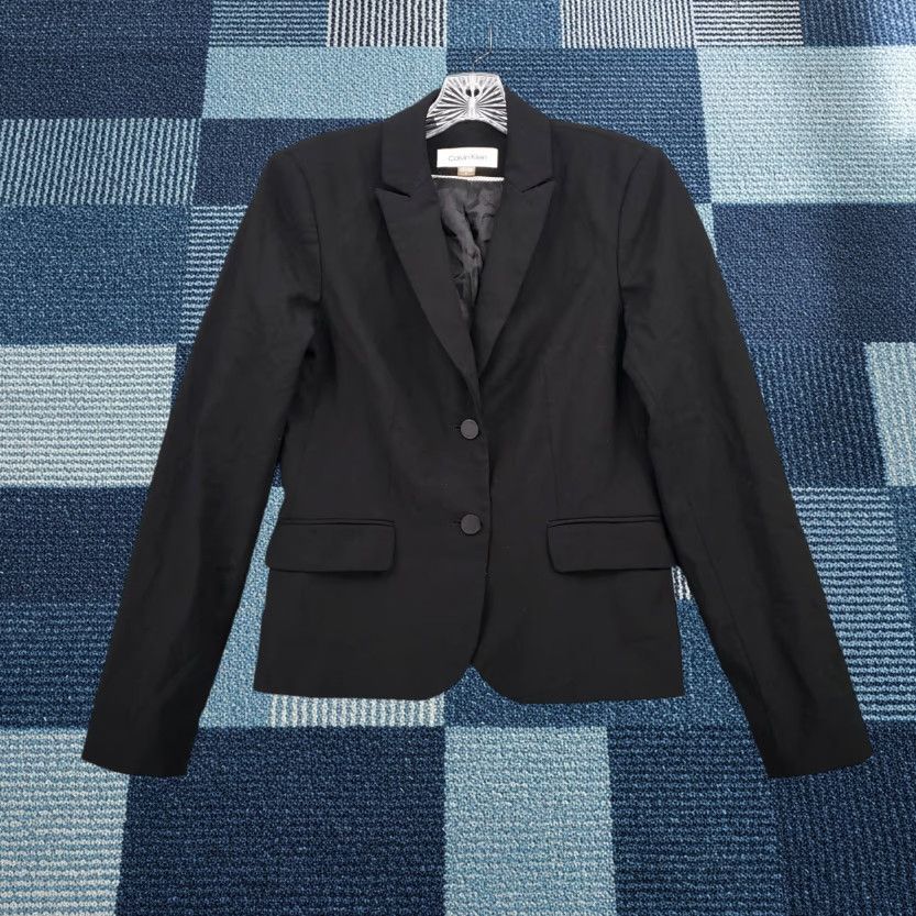 Calvin Klein Calvin Klein Blazer Women Black Two-Button Stretch Jacket Career Work Suit Jacket Regular Size 4 Notch Lapel Solid Long Sleeve) Size S / US 4 / IT 40 - 1 Thumbnail