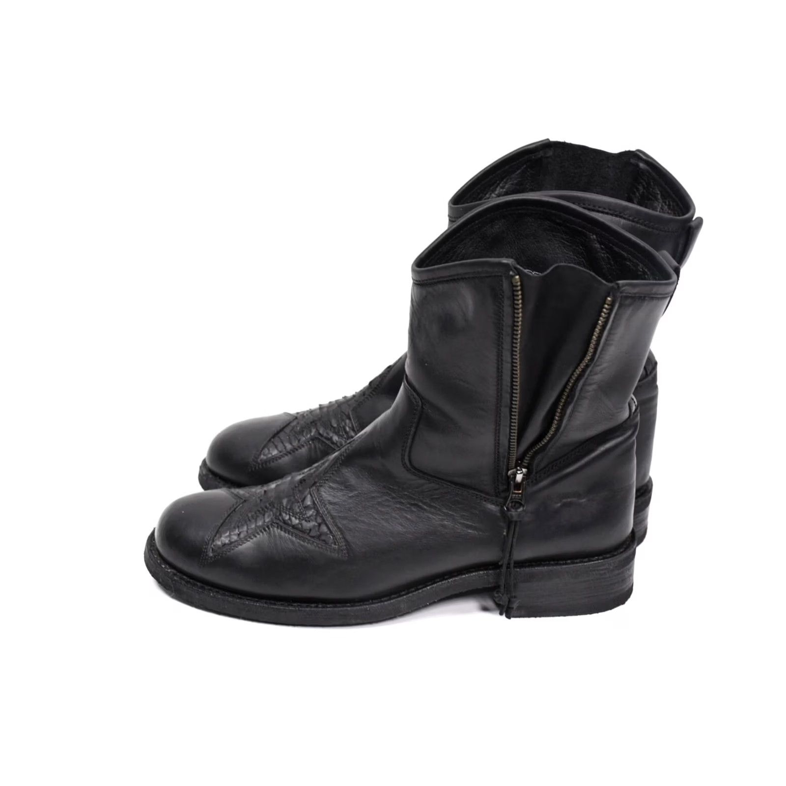 Skin Sancho Boots Women's Black Biker Leather Mid-Calf Size 39 US 8.5 Low Heel Snake Skin Pattern? Size US 9 / IT 39 - 2 Thumbnail