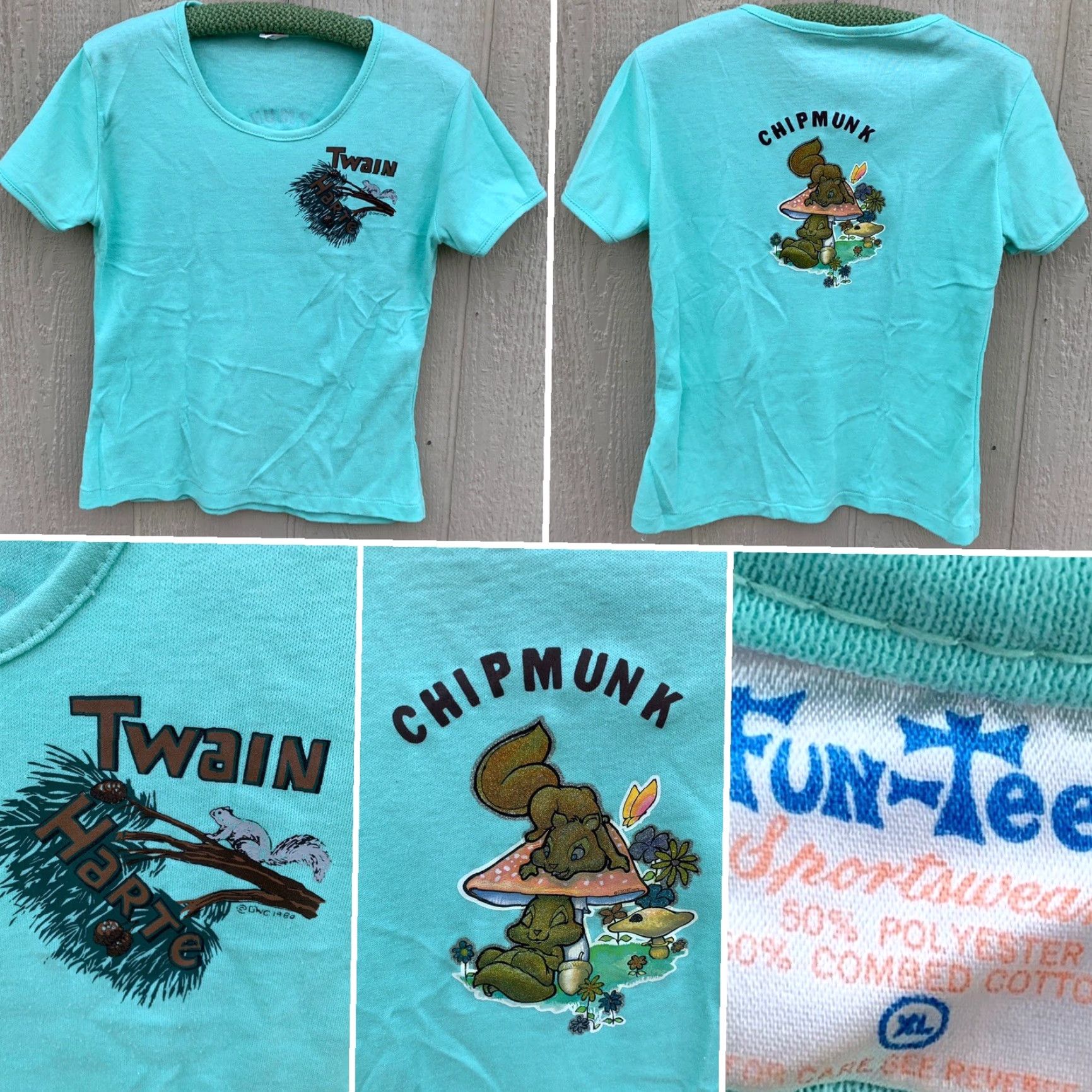 Vintage VINTAGE Twain Harte Chipmunk T Shirt Roach Iron On Back Fun-Tees XL Ladies Green 1980s Shirt Womens Size XL / US 12-14 / IT 48-50 - 2 Thumbnail