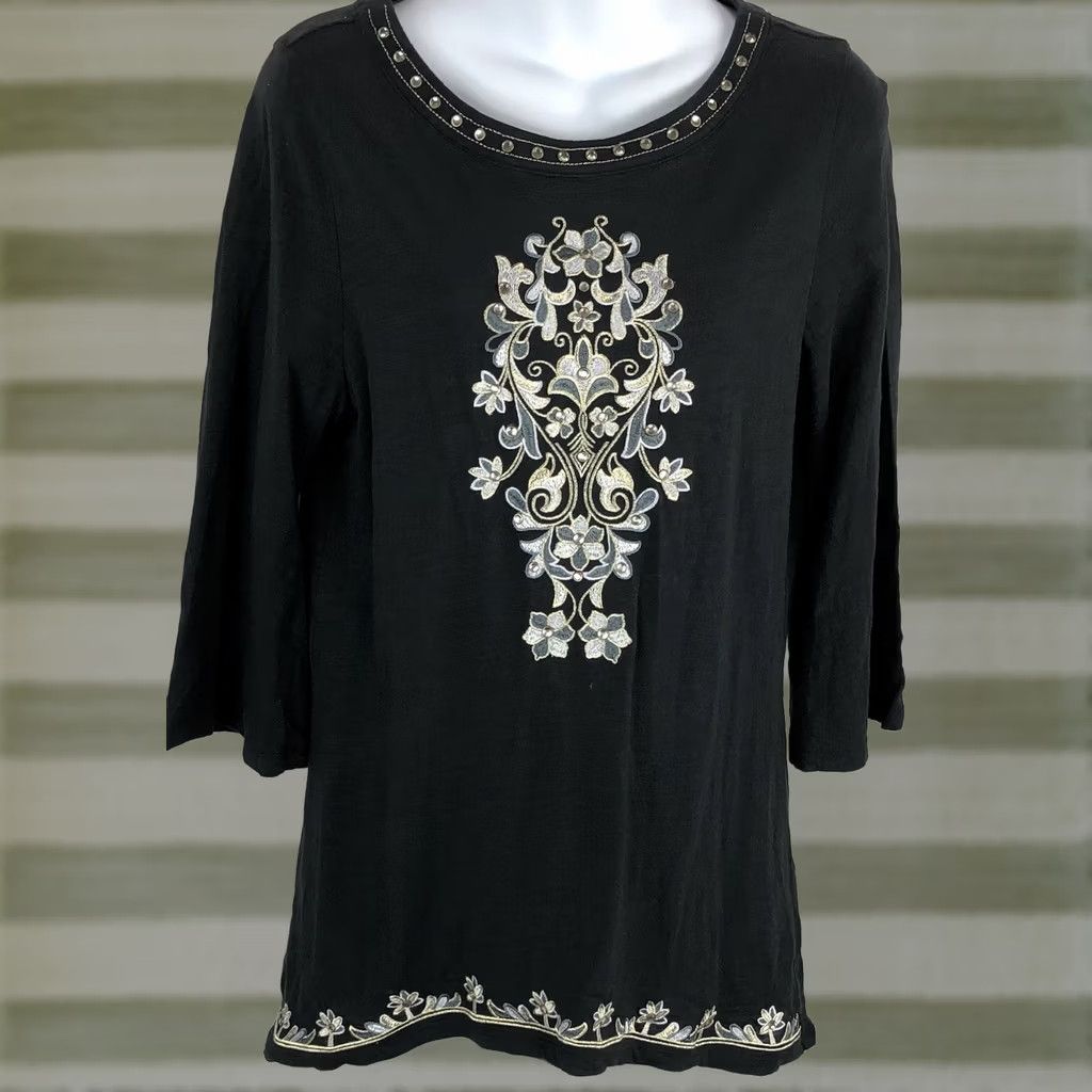 Vintage Kim Gravel Belle Tunic Top S Blk Gold Silver Embroidered 3/4 Flare Sleeve Blouse Womens Size S / US 4 / IT 40 - 1 Thumbnail