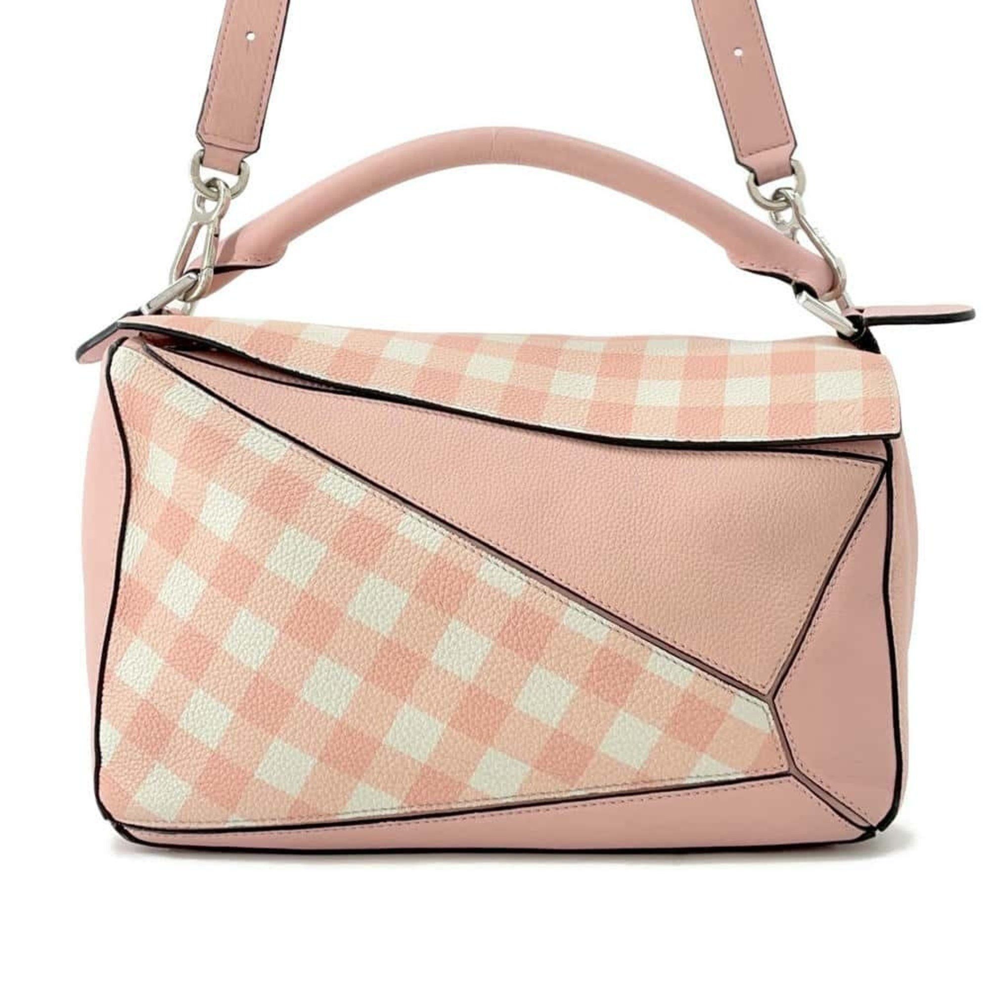 Loewe Handbag Puzzle Bag Medium Gingham Check 2Way Shoulder in Pink, Women's