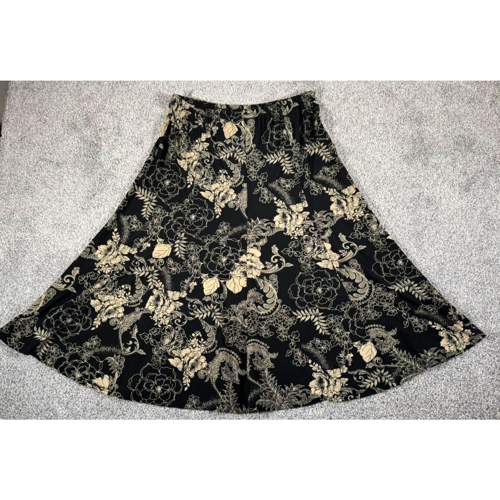 Vintage B. Moss Skirt Midi Women's M Black Paisley 90s Y2K Whimsigoth Workwear A-Line Elastic Waist Damask Baroque Size 32" / US 10 / IT 46 - 7 Thumbnail