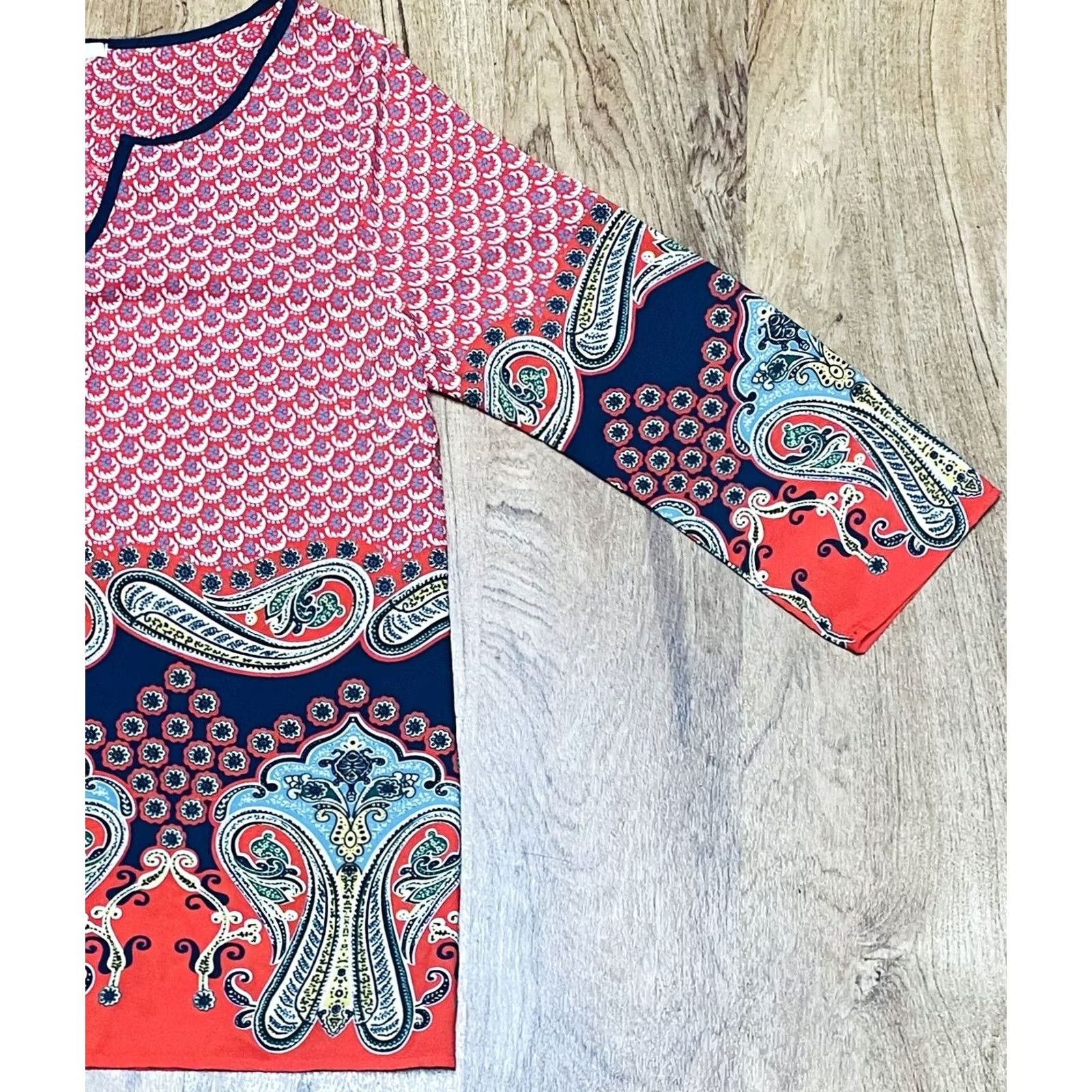 Vintage Mi A Mi Blouse Long Sleeve Shirt Red & Blue Sz Medium Pullover USA Womens Geometric Pattern Size M / US 6-8 / IT 42-44 - 2 Thumbnail