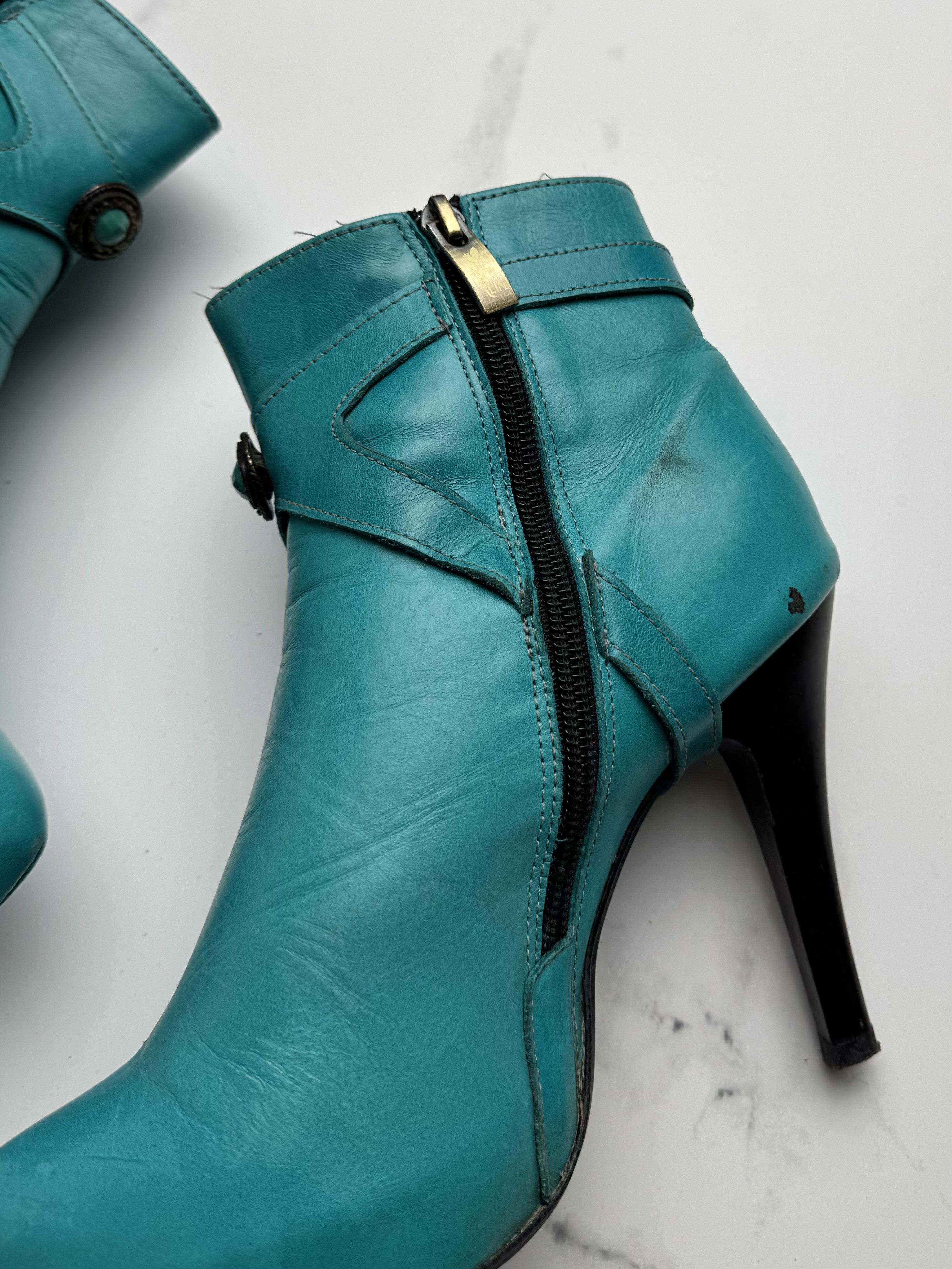 Vintage Y2K Turquoise High Heel Ankle Boots Leather Buckle Booties Size US 6 / IT 36 - 5 Thumbnail