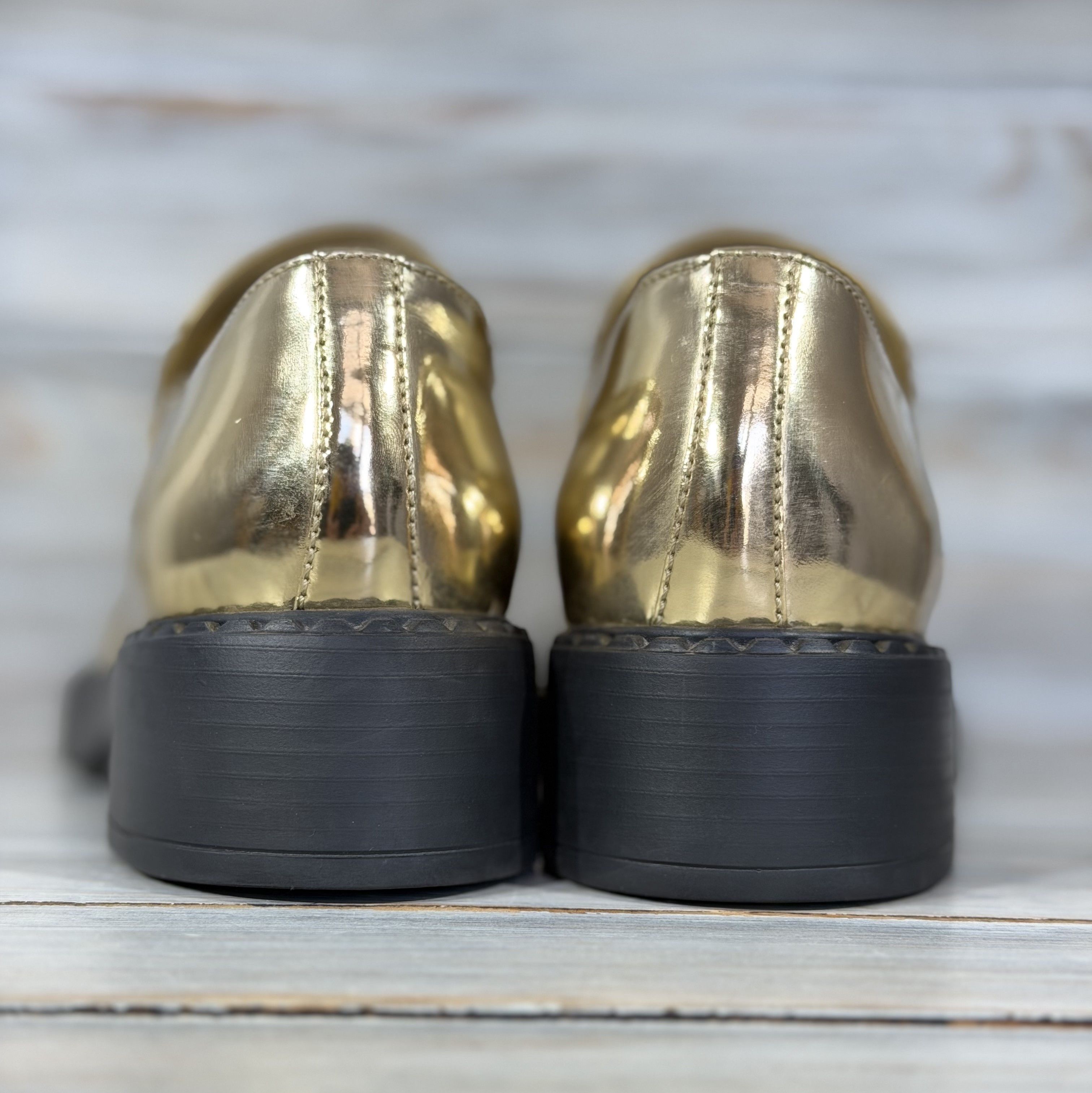 Prada PRADA Milano Metallic Gold Leather Loafers Triangular Logo Size US 10.5 / IT 40.5 - 6 Thumbnail