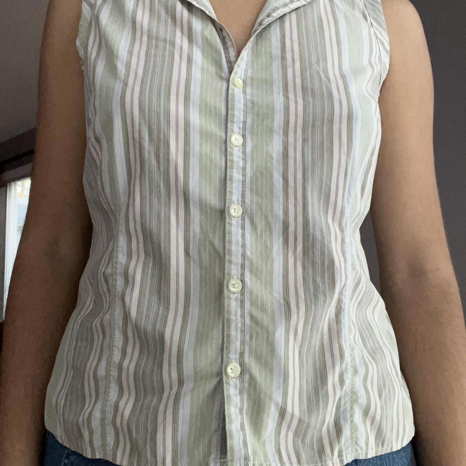 Old Navy Sleeveless collared white and green striped blouse Size S / US 4 / IT 40 - 1 Thumbnail