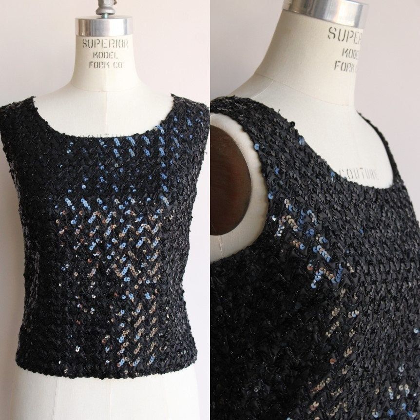 Vintage Vintage 1960s Top, Sequinned Blouse, Beaded Shirt Size L / US 10 / IT 46 - 1 Thumbnail