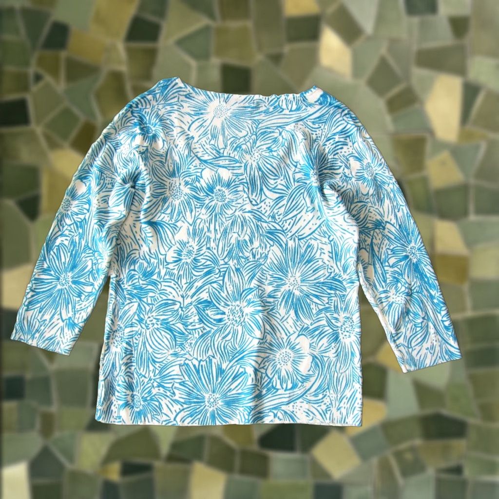 Vintage VINTAGE Pierri New York Blue Ivory Floral Stretch Scoop Neck 3/4 Sleeve Sweater Large Size L / US 10 / IT 46 - 1 Thumbnail