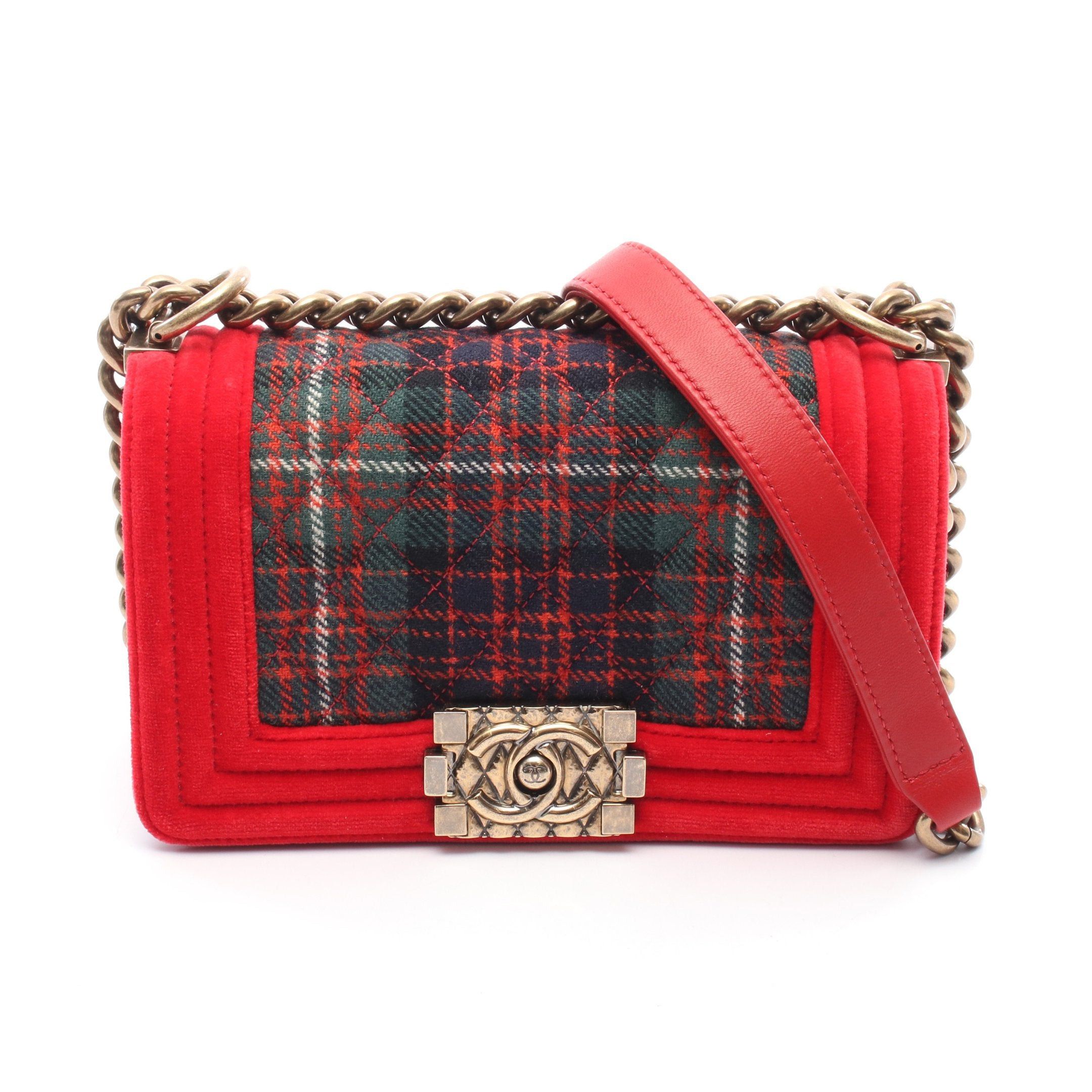 Chanel Chanel Boy Chanel Small Chain Shoulder Bag Check Velor Canvas Red Green Multicolor Antique Gold Hardware Size ONE SIZE - 1 Thumbnail