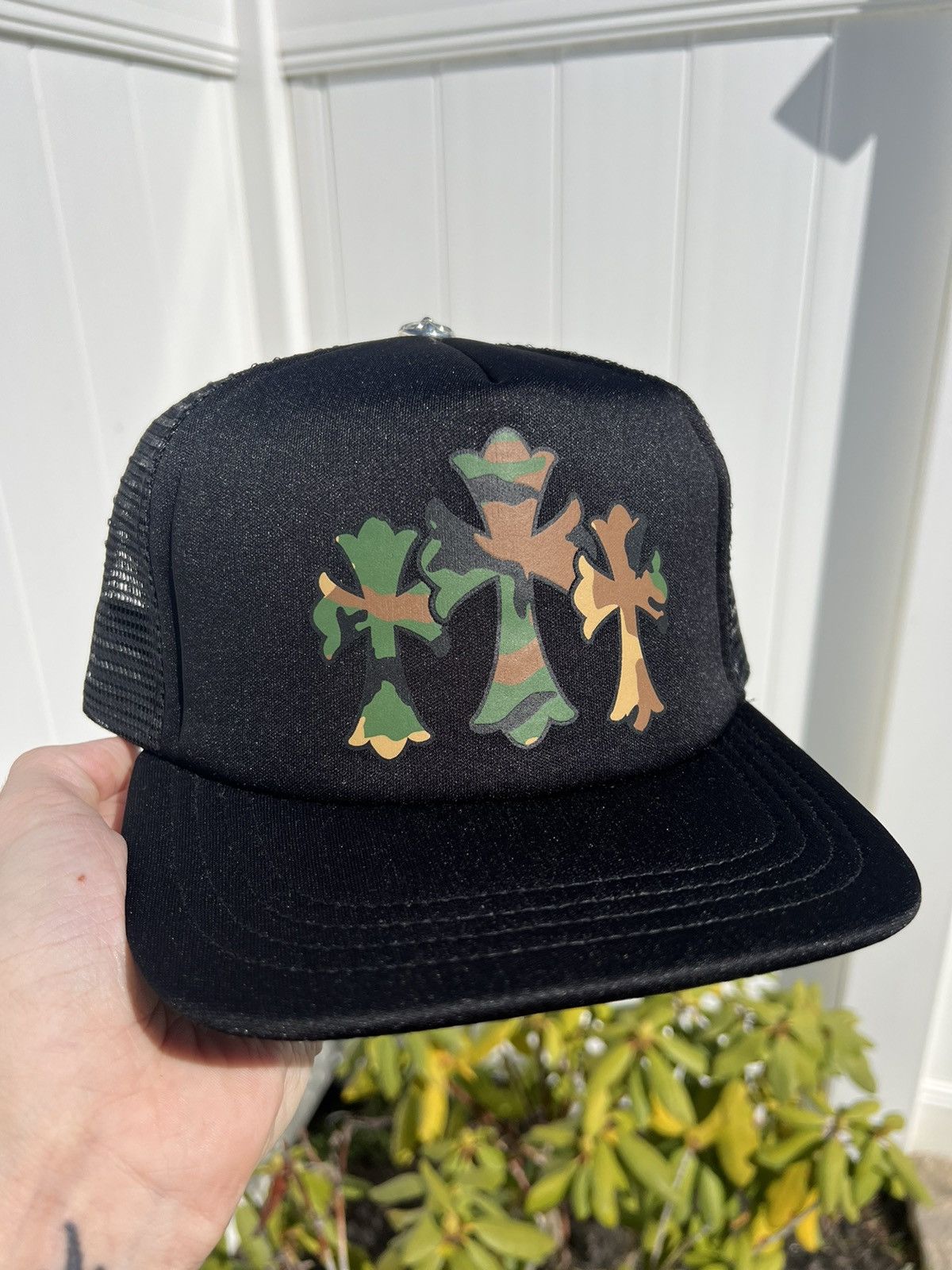 image of Chrome Hearts Camo Triple Cross Trucker Hat in Black, Men's