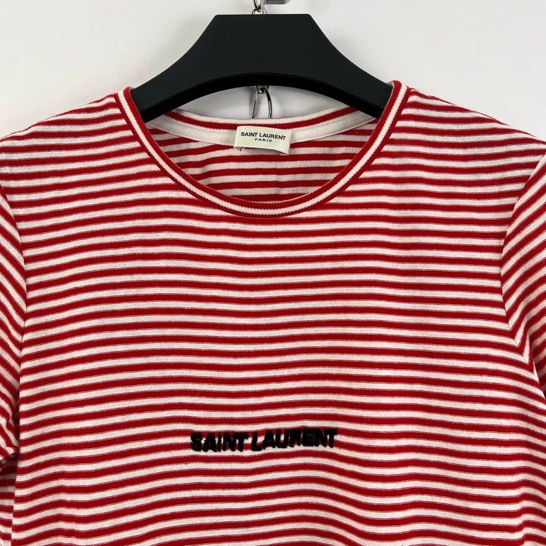 Saint Laurent Paris Saint Laurent Red and white striped flocked logo short slee Size M / US 6-8 / IT 42-44 - 5 Thumbnail