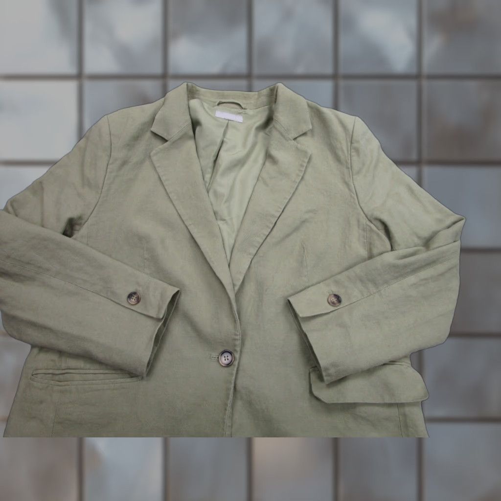 H&M H&M Blazer Mens L Linen Jacket Coast Travel Preppy Notch Lapel Slim 2 Piece Olive Green/Olive Beige Green Solid Size 42R - 1 Thumbnail
