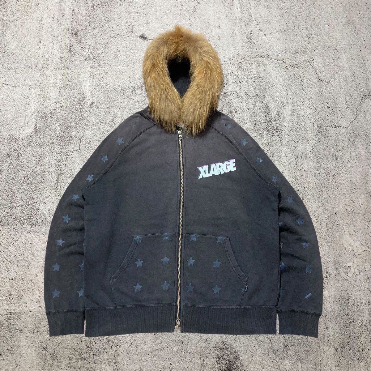 Japanese Brand Vintage Trashed Xlarge Stars Logo Fur Ziphoodie Y2k Black Size US XL / EU 56 / 4 - 1 Thumbnail
