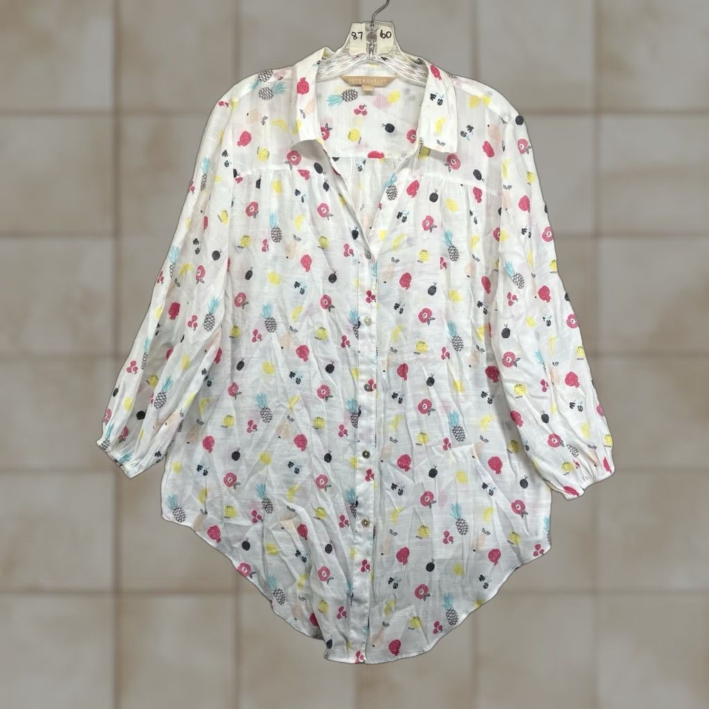 Vintage Hope & Harlow Women's Shirt Tunic L White Floral Fruit Pattern Button-Up Sheer Lightweight Summer Spring Casual Womens Size L / US 10 / IT 46 - 1 Thumbnail