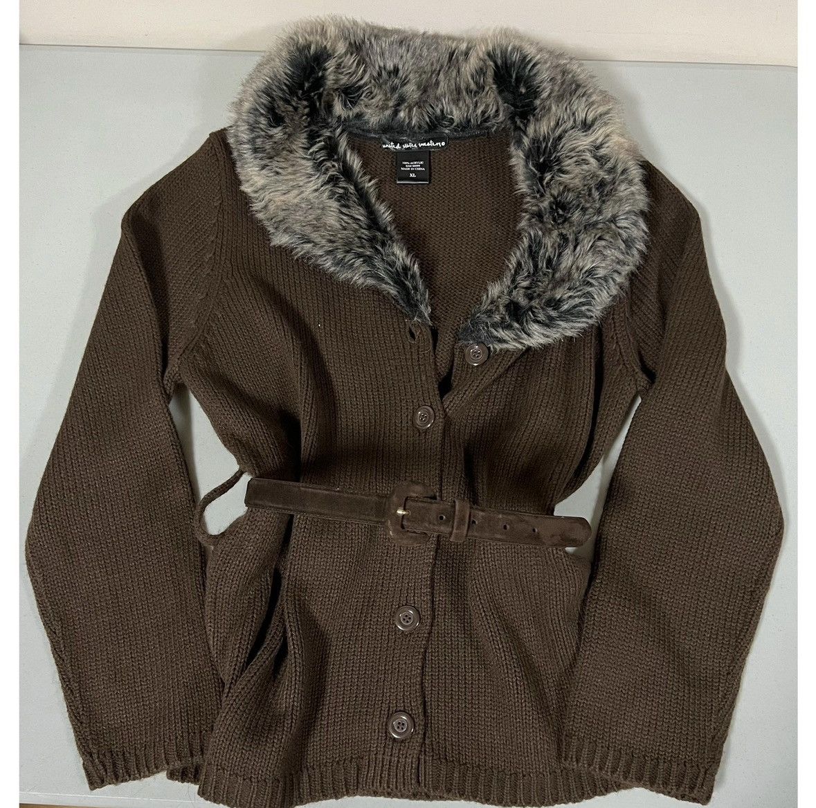 United Arrows Brown Knit Fur Button-Up Belted Sweater Cardigan Top XL 🤎✨ Size XL / US 12-14 / IT 48-50 - 4 Thumbnail