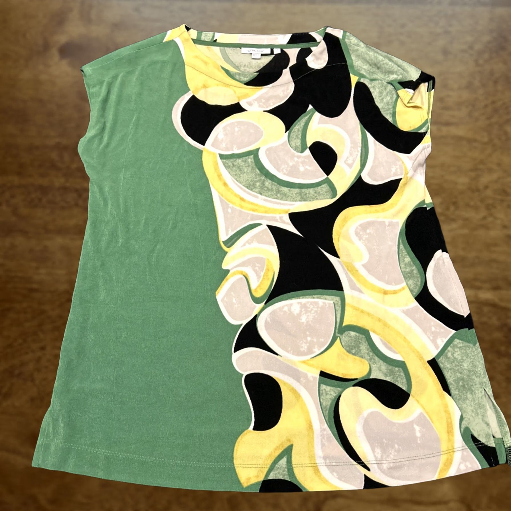 Vintage Chico'S Geometric Sleeveless Cap Sleeve Top Green Yellow Black Acetate B5 Womens Shirt Size XS / US 0-2 / IT 36-38 - 1 Thumbnail