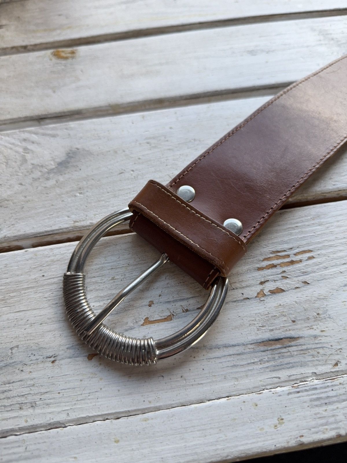 Japanese Brand Western Brown Leather Belt Green Gem Silver Details Size ONE SIZE - 2 Thumbnail
