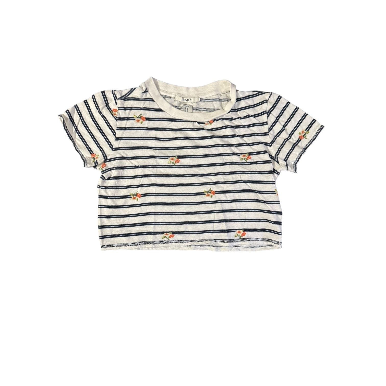 Forever 21 Forever 21 Junior Cropped T Shirt White Stripes Flowers SM Size S / US 4 / IT 40 - 1 Thumbnail