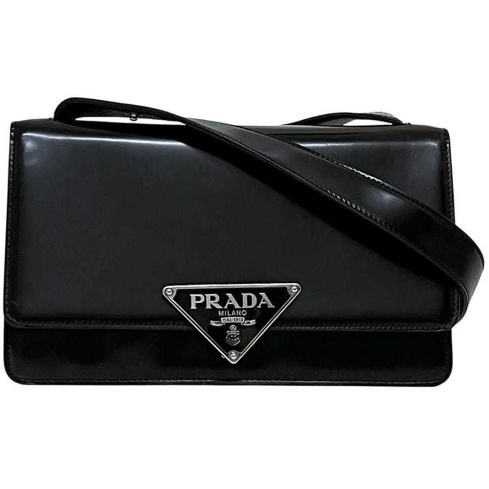 Prada Prada 2-way bag f-25188 Black NERO SPAZZOLATO 1BD321 Leather 25 H PRADA Shoulder Crossbody Flap Triangle Women's Size ONE SIZE - 1 Thumbnail