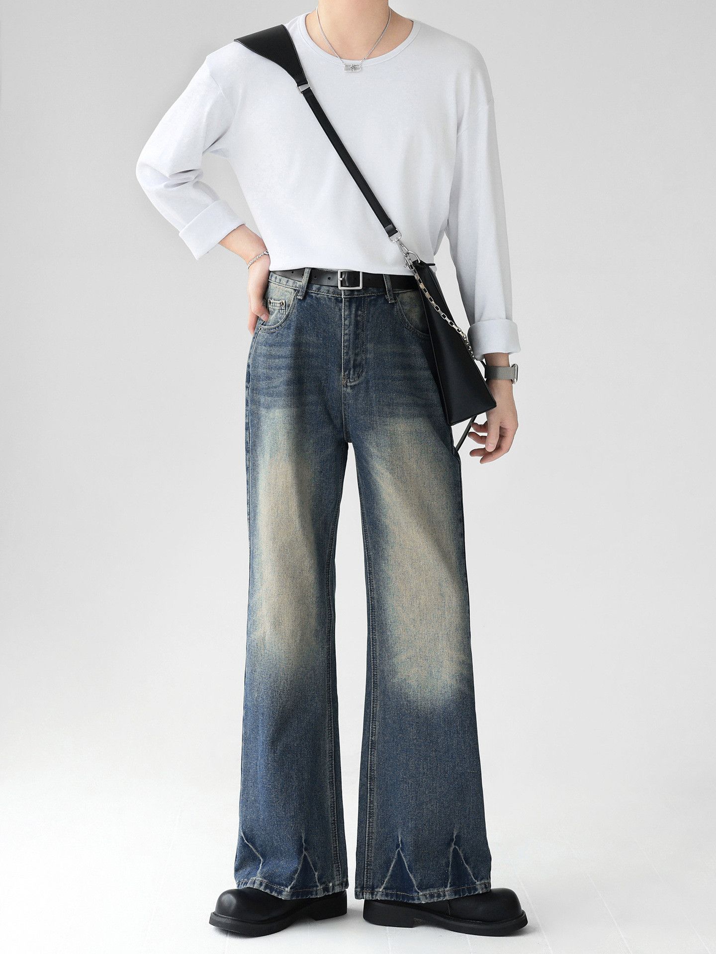 Japanese Brand × Jean Men's loose retro wide-leg slightly flared distressed jeans Size US 32 / EU 48 - 1 Thumbnail