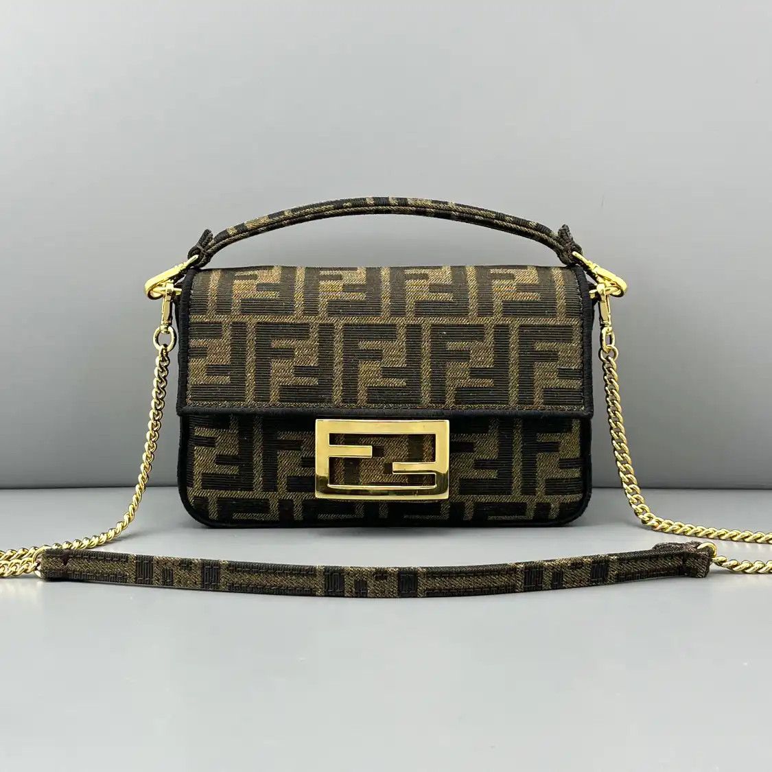 Fendi FENDI Baguette mini brown fabric doubleF jacquard baguette bag shoulder bag Size ONE SIZE - 1 Thumbnail