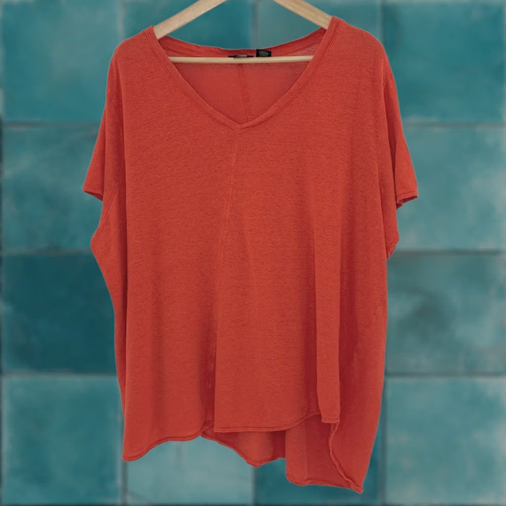 Vintage Tahari Linen Tee Shirt Plus Size 3x Red Orange V-Neck Cropped? Boho Women Size XXL / US 16-18 / IT 52-54 - 1 Thumbnail