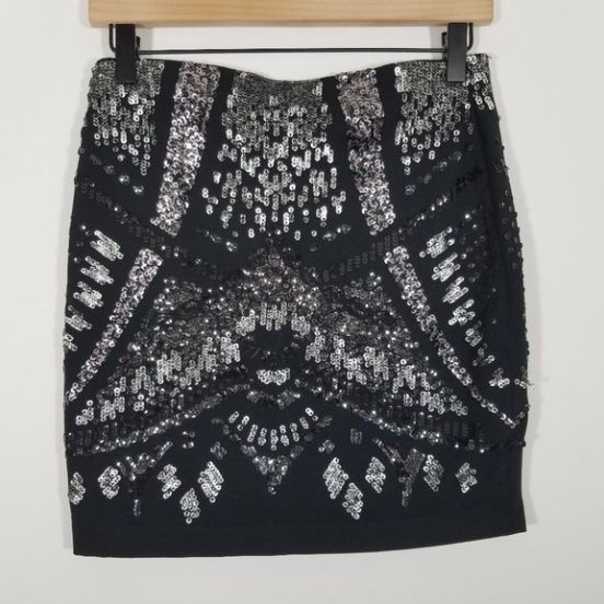 Express Express Black Silver Sequin Embellished Stretch Mini Skirt Size 27" / US 4 / IT 40 - 2 Thumbnail