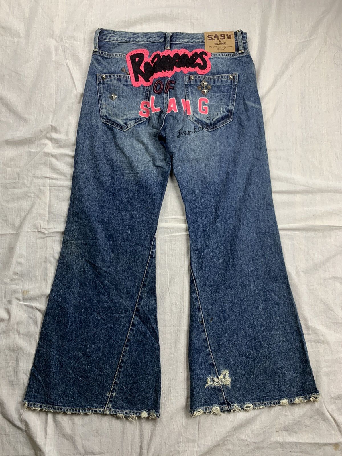 If Six Was Nine × Japanese Brand × Le Grande Bleu (L.G.B.) Rna Slang Studded Distressed Flared Pants Size US 31 - 5 Thumbnail