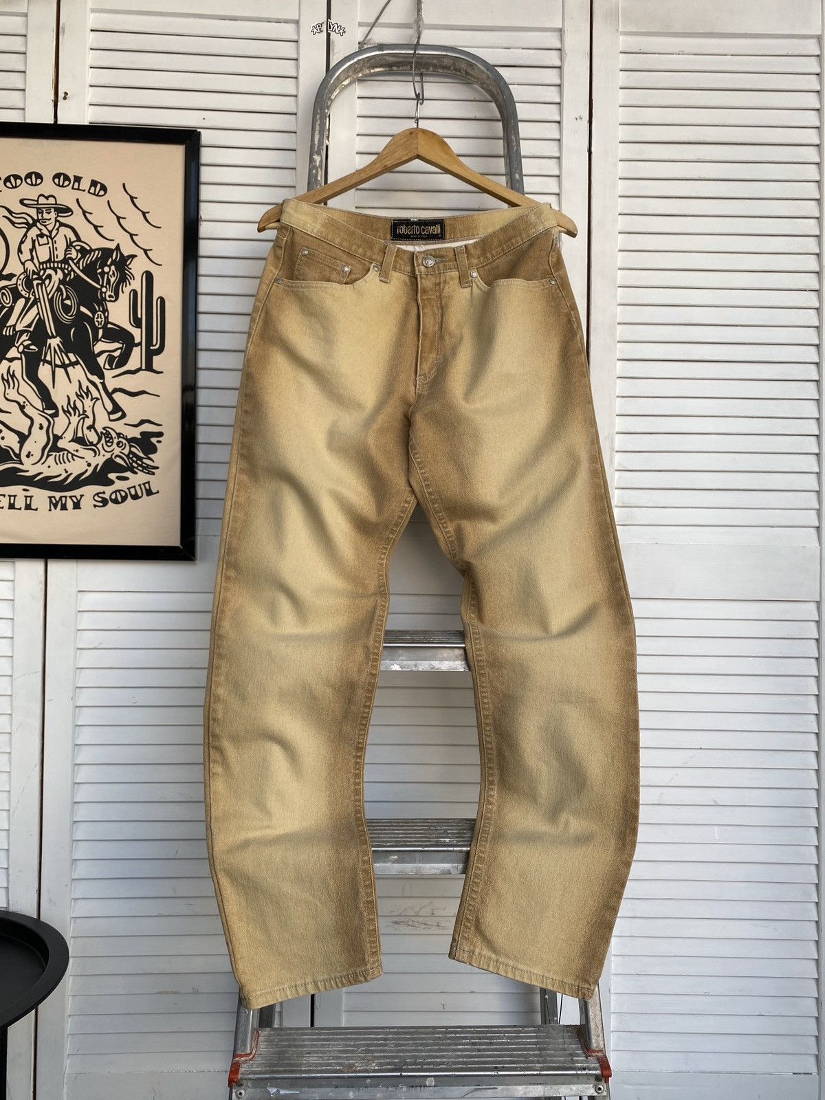 Roberto Cavalli × Vintage Roberto Cavalli Sand Wash Jeans Logo Metal Buttons & Sunset Size 29" - 13 Thumbnail
